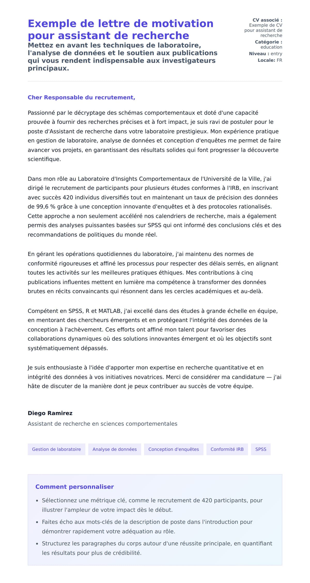 Aperçu de la lettre de motivation pour Exemple de lettre de motivation pour assistant de recherche