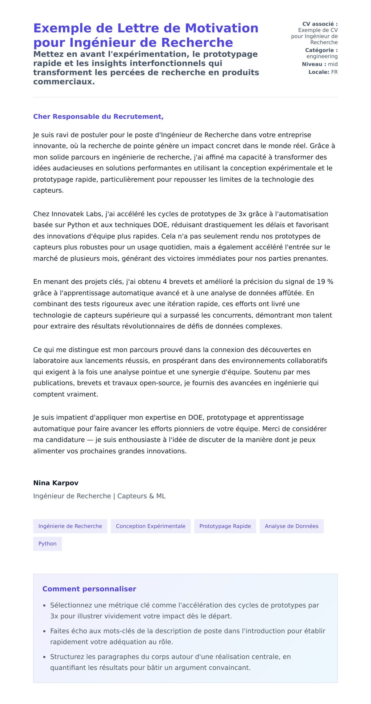 Aperçu de la lettre de motivation pour Exemple de Lettre de Motivation pour Ingénieur de Recherche