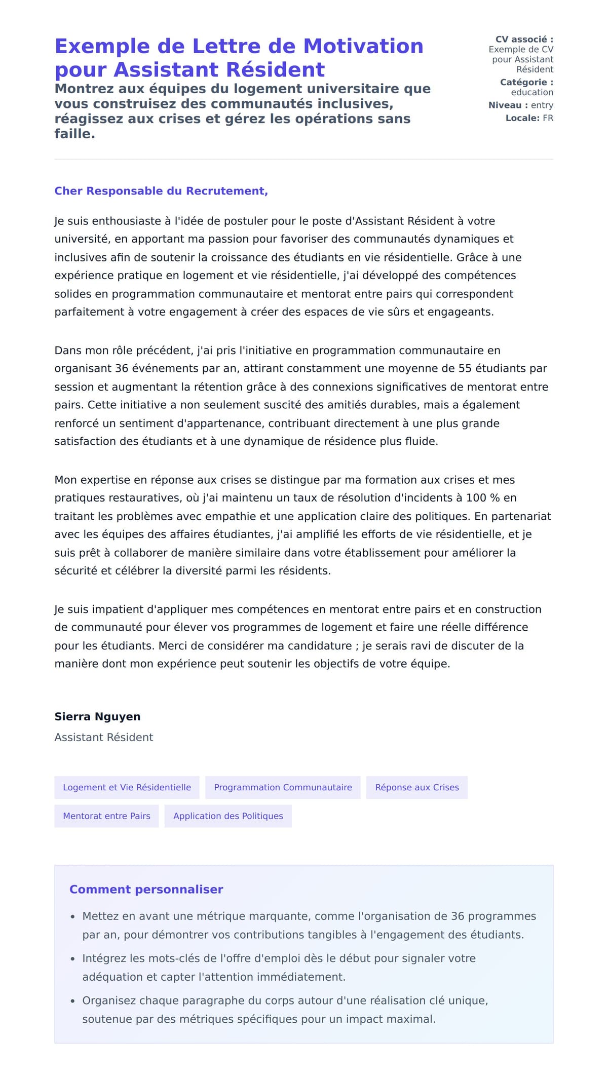 Aperçu de la lettre de motivation pour Exemple de Lettre de Motivation pour Assistant Résident