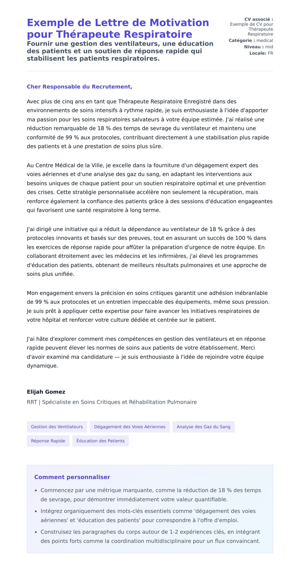 Aperçu de la lettre de motivation pour Exemple de Lettre de Motivation pour Thérapeute Respiratoire