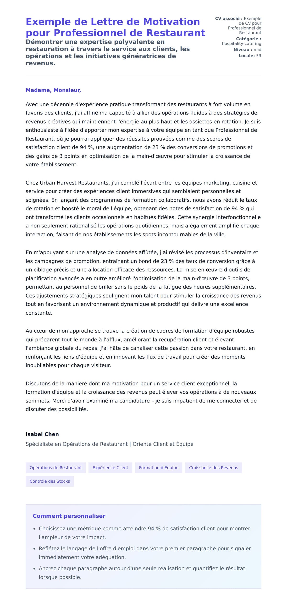 Aperçu de la lettre de motivation pour Exemple de Lettre de Motivation pour Professionnel de Restaurant