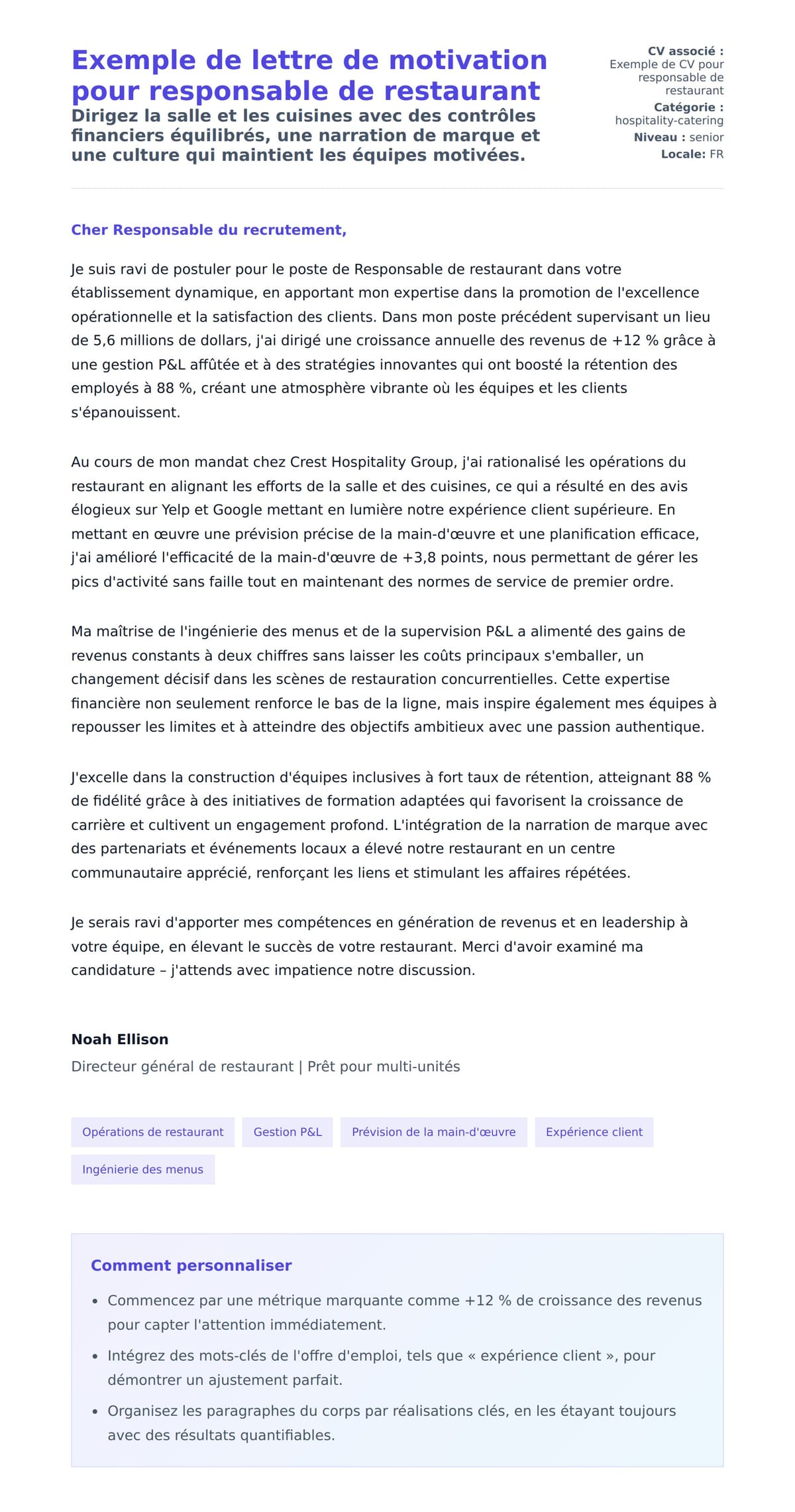 Aperçu de la lettre de motivation pour Exemple de lettre de motivation pour responsable de restaurant