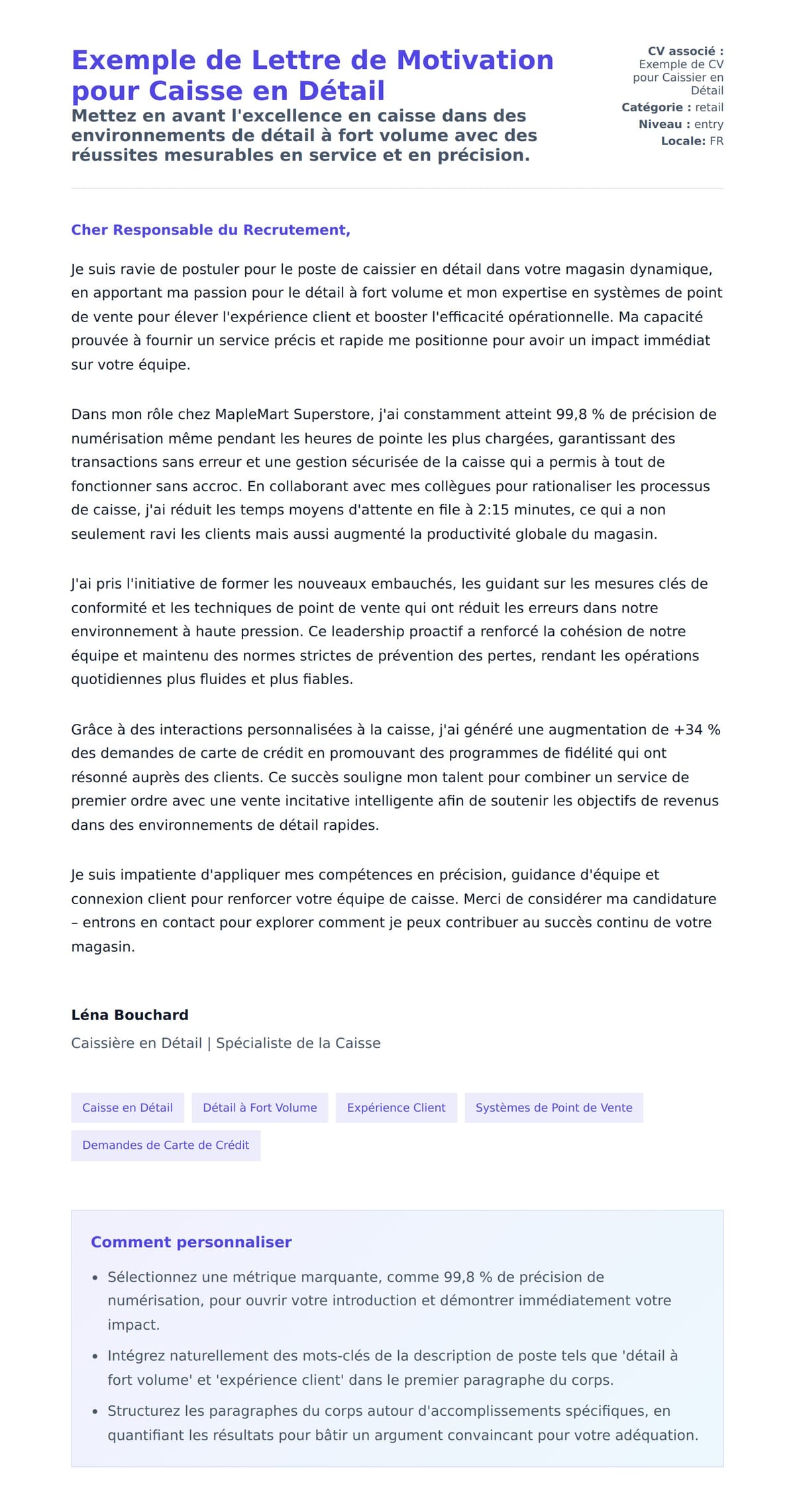 Aperçu de la lettre de motivation pour Exemple de Lettre de Motivation pour Caisse en Détail