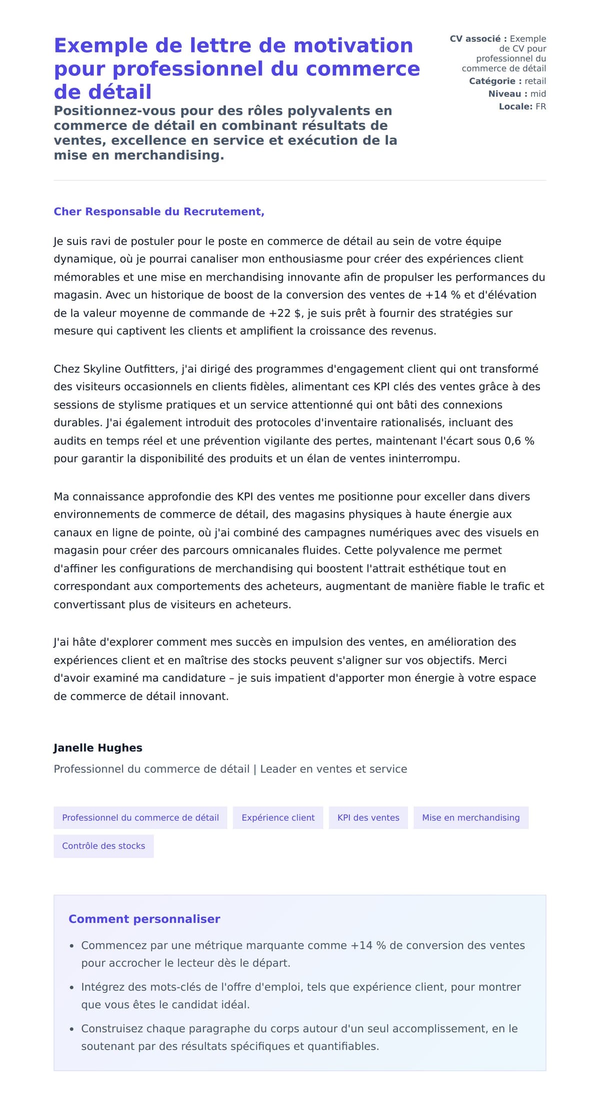 Aperçu de la lettre de motivation pour Exemple de lettre de motivation pour professionnel du commerce de détail