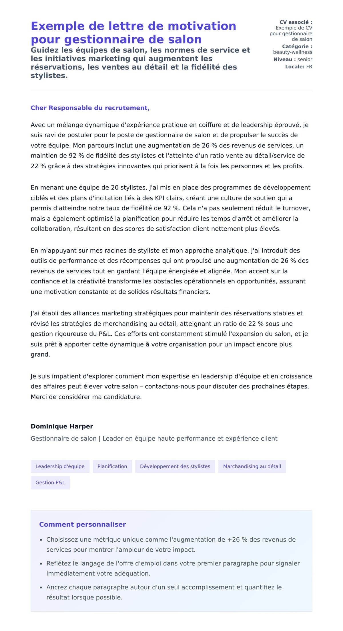 Aperçu de la lettre de motivation pour Exemple de lettre de motivation pour gestionnaire de salon