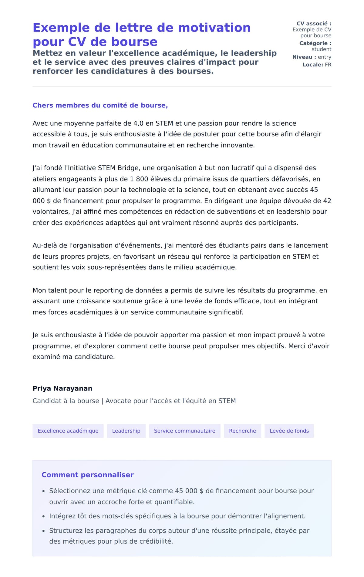 Aperçu de la lettre de motivation pour Exemple de lettre de motivation pour CV de bourse