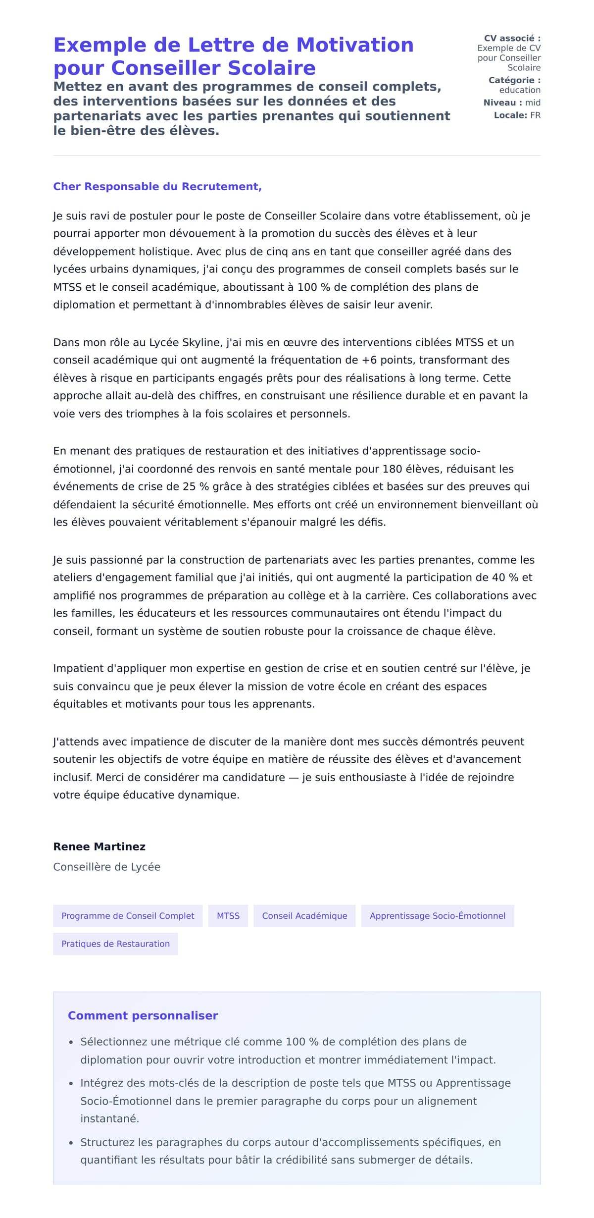 Aperçu de la lettre de motivation pour Exemple de Lettre de Motivation pour Conseiller Scolaire