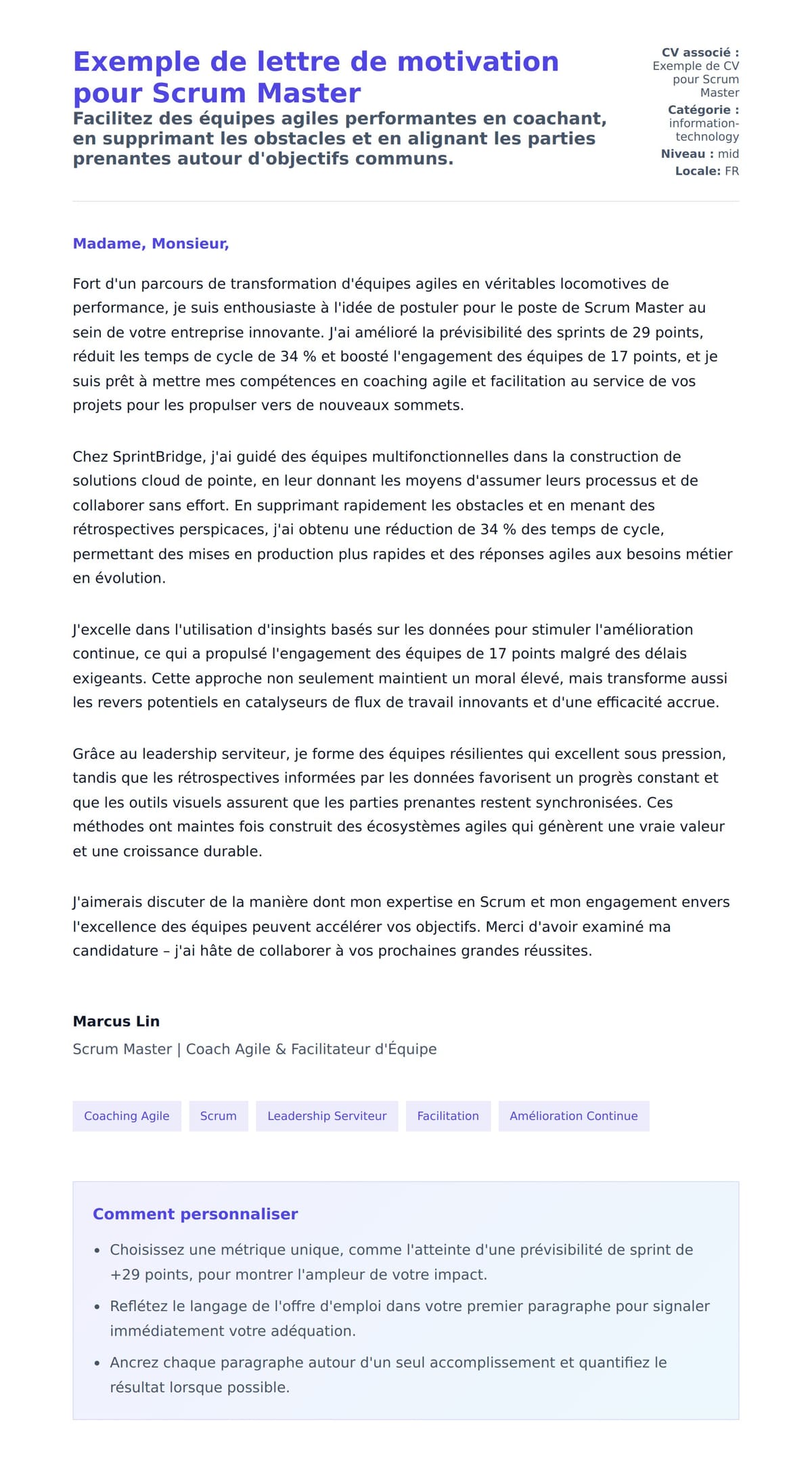 Aperçu de la lettre de motivation pour Exemple de lettre de motivation pour Scrum Master
