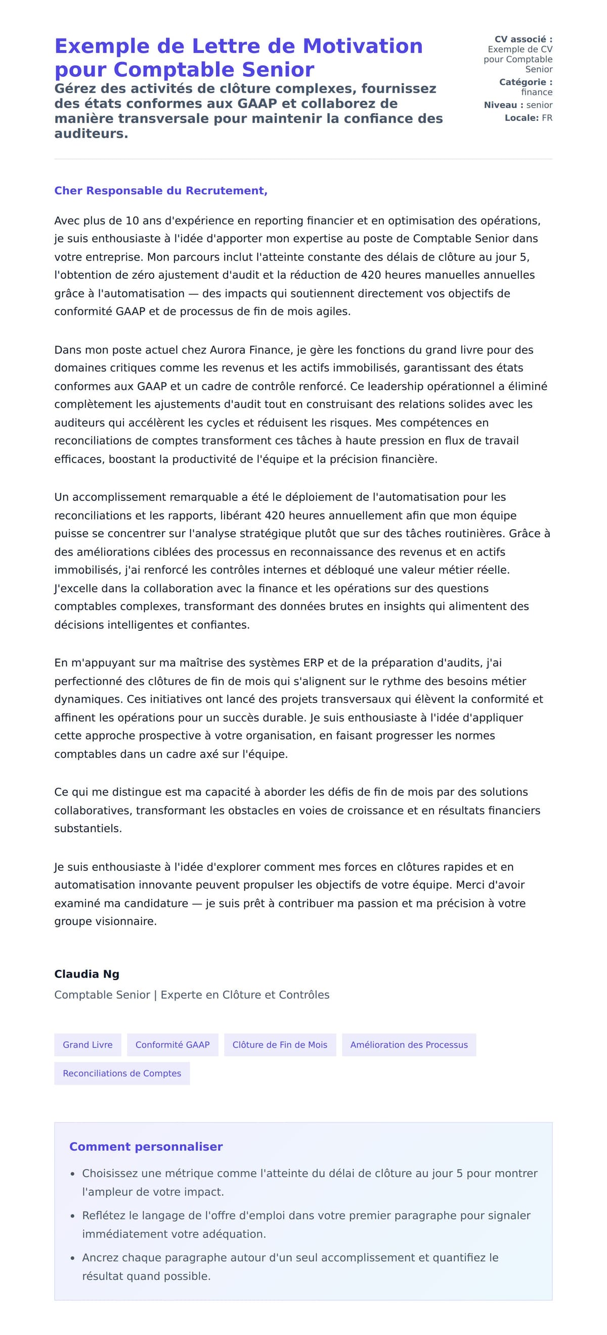 Aperçu de la lettre de motivation pour Exemple de Lettre de Motivation pour Comptable Senior