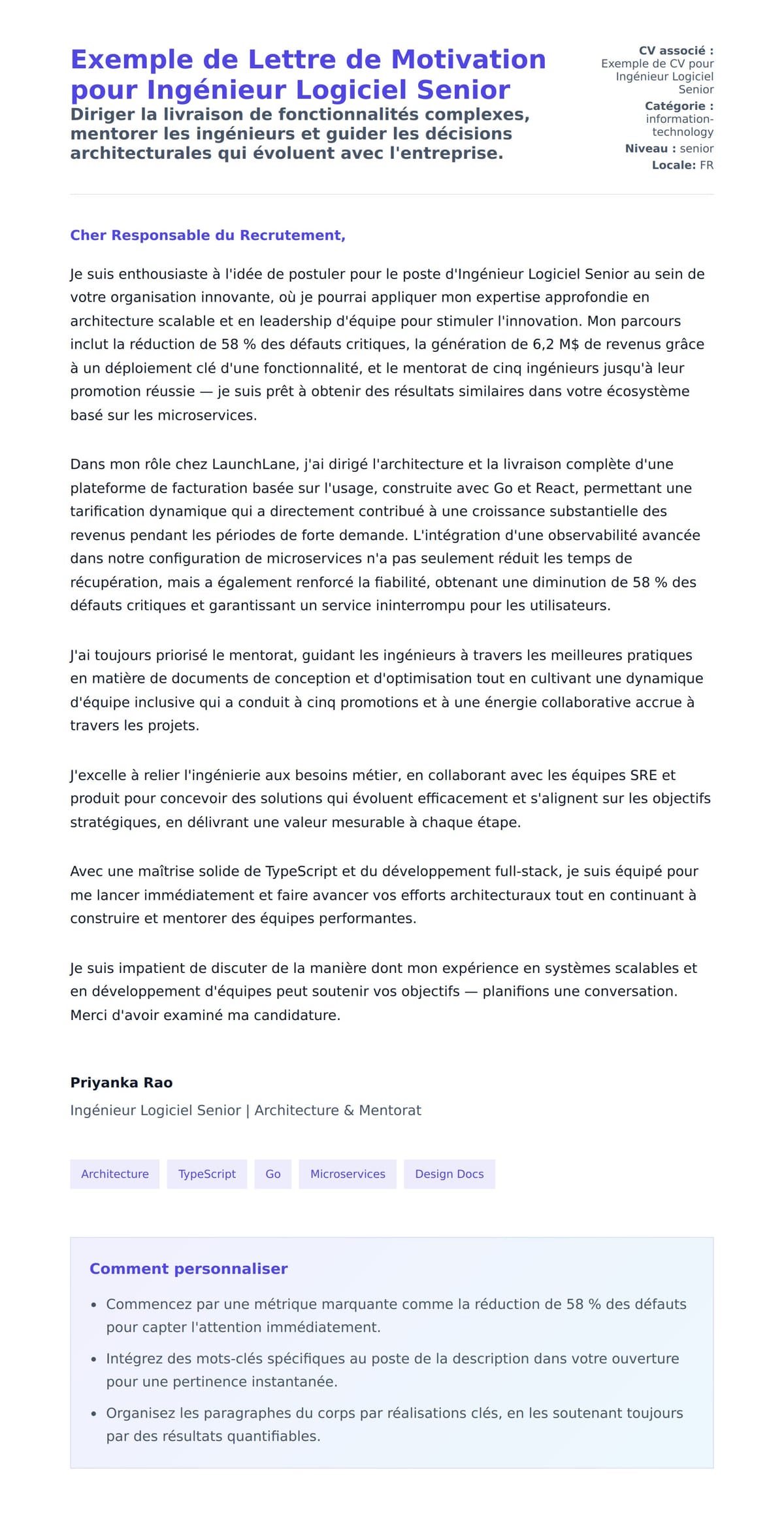 Aperçu de la lettre de motivation pour Exemple de Lettre de Motivation pour Ingénieur Logiciel Senior
