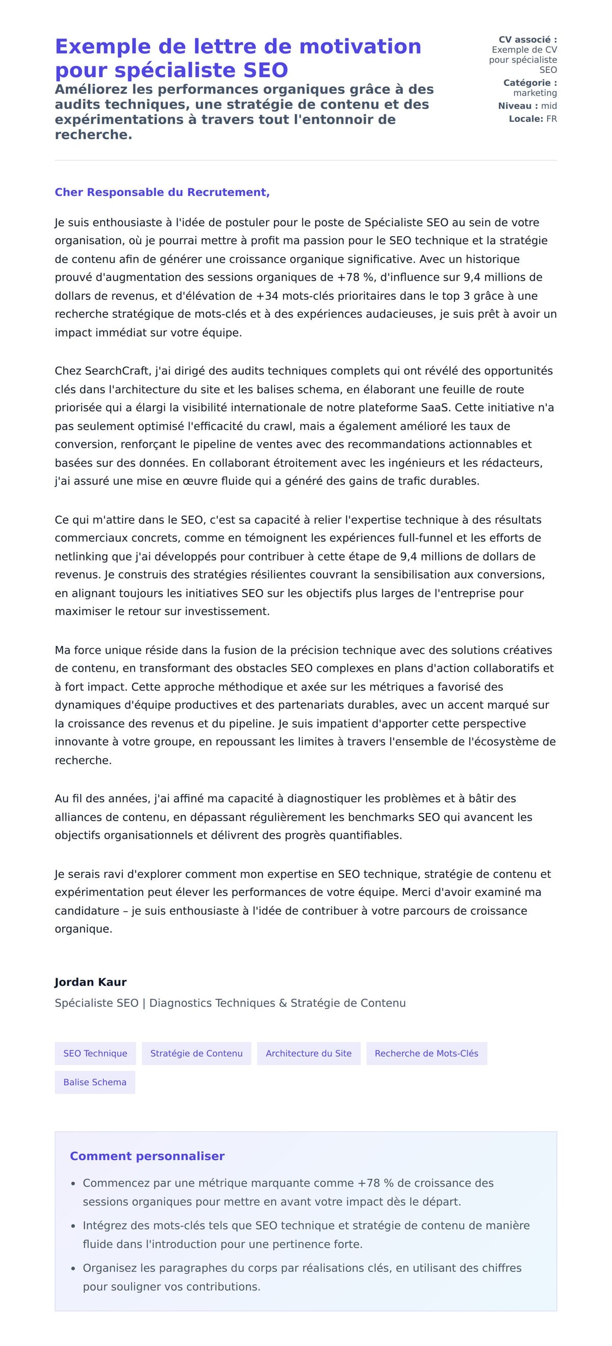 Aperçu de la lettre de motivation pour Exemple de lettre de motivation pour spécialiste SEO