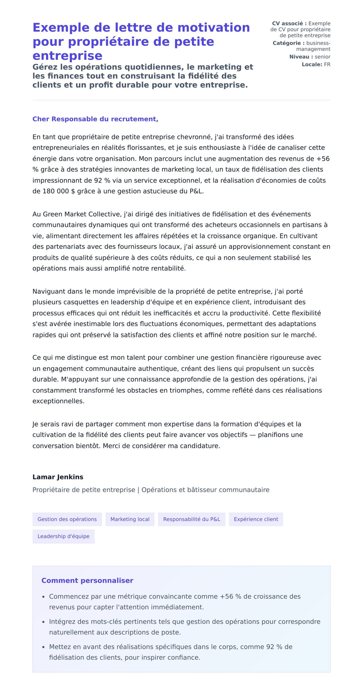 Aperçu de la lettre de motivation pour Exemple de lettre de motivation pour propriétaire de petite entreprise