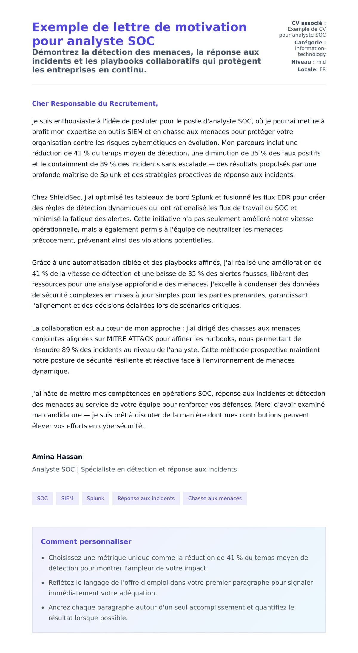 Aperçu de la lettre de motivation pour Exemple de lettre de motivation pour analyste SOC