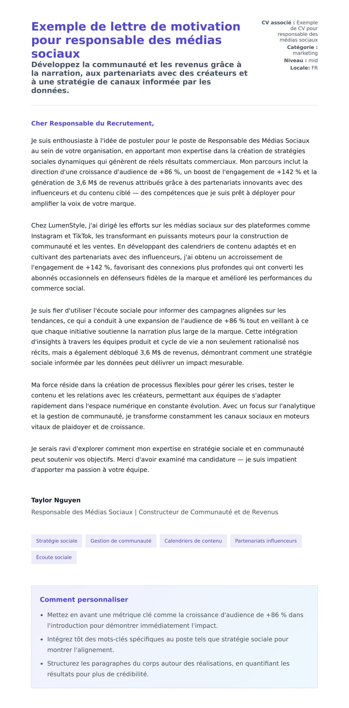Aperçu de la lettre de motivation pour Exemple de lettre de motivation pour responsable des médias sociaux