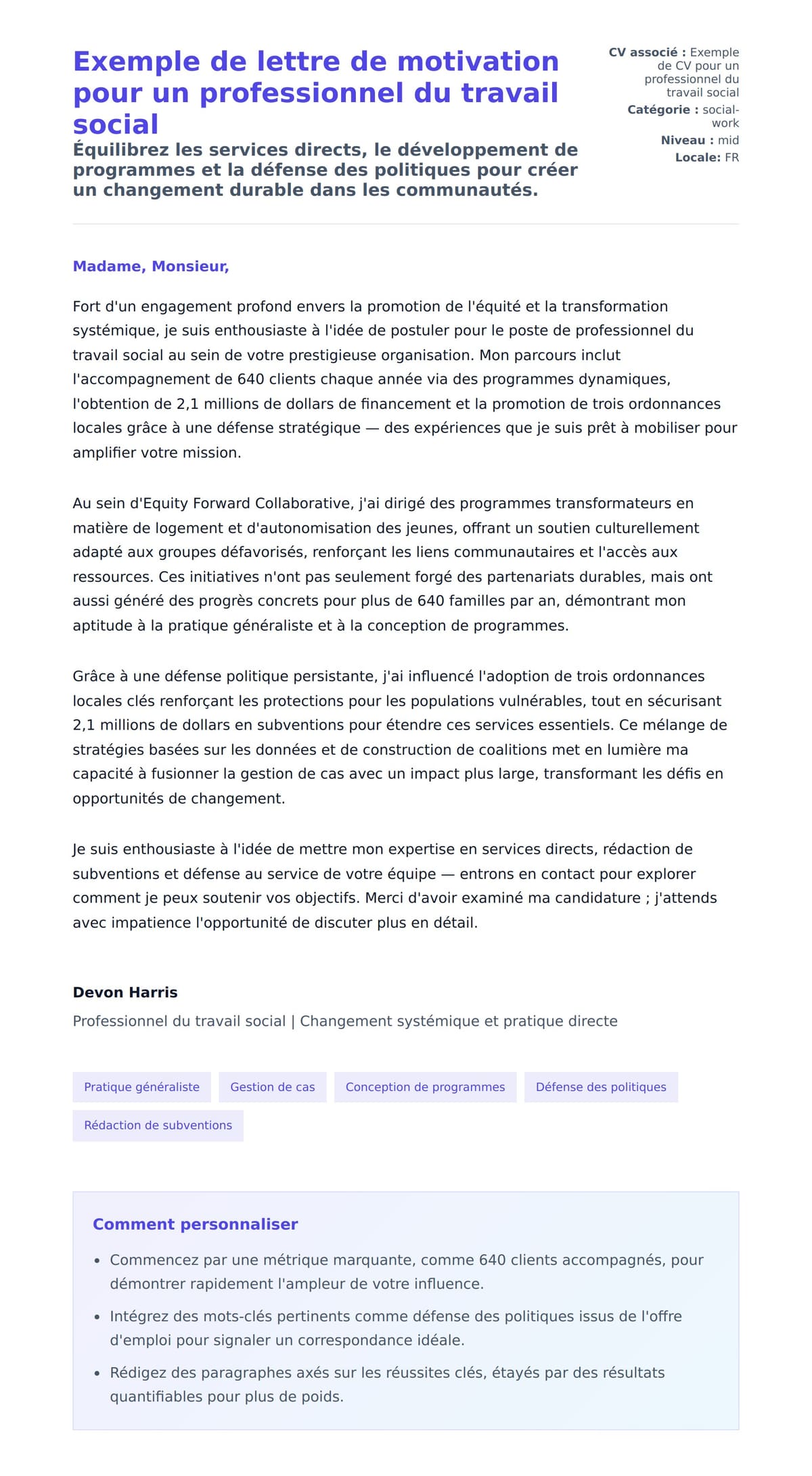 Aperçu de la lettre de motivation pour Exemple de lettre de motivation pour un professionnel du travail social