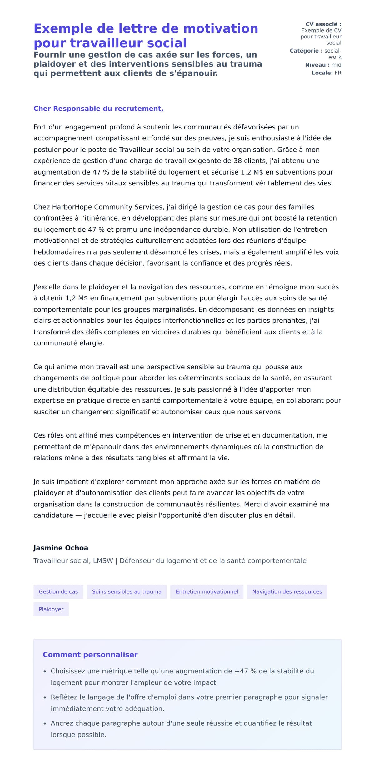Aperçu de la lettre de motivation pour Exemple de lettre de motivation pour travailleur social