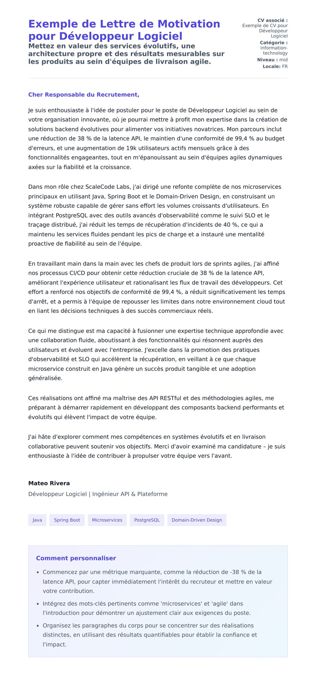 Aperçu de la lettre de motivation pour Exemple de Lettre de Motivation pour Développeur Logiciel
