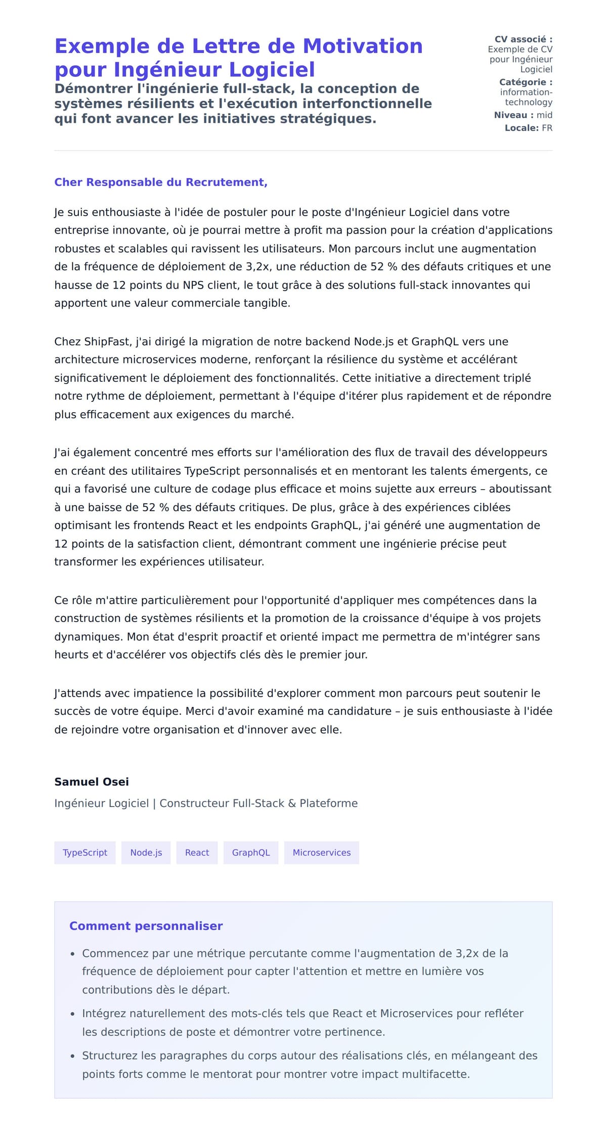Aperçu de la lettre de motivation pour Exemple de Lettre de Motivation pour Ingénieur Logiciel