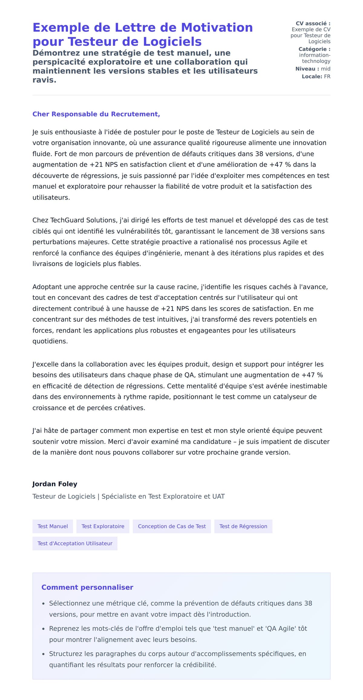 Aperçu de la lettre de motivation pour Exemple de Lettre de Motivation pour Testeur de Logiciels