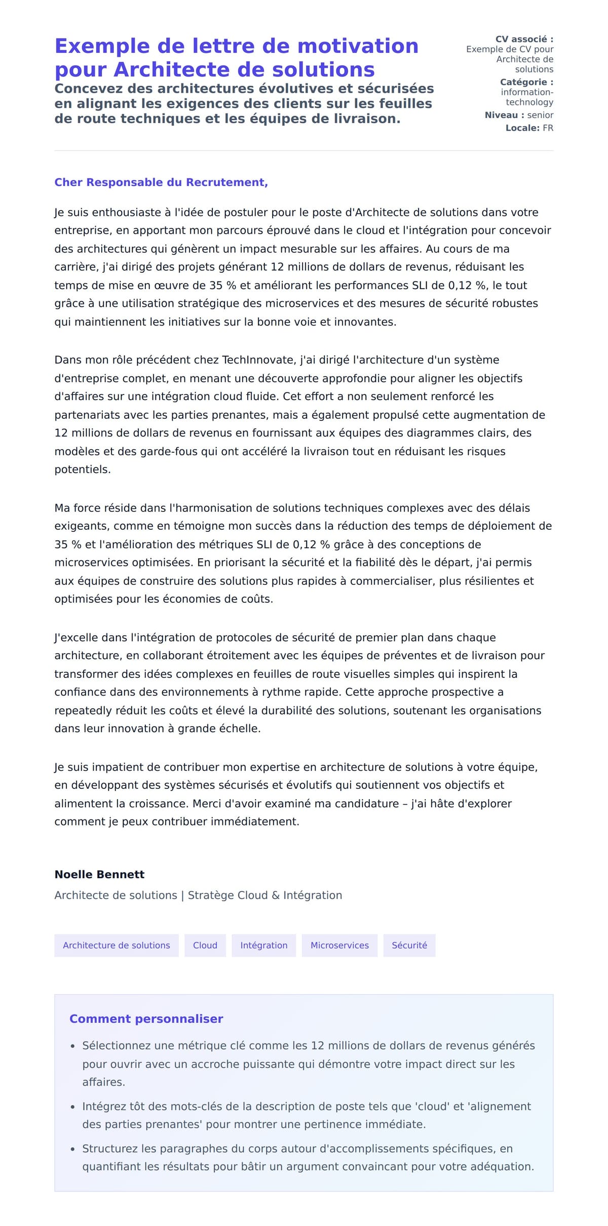 Aperçu de la lettre de motivation pour Exemple de lettre de motivation pour Architecte de solutions