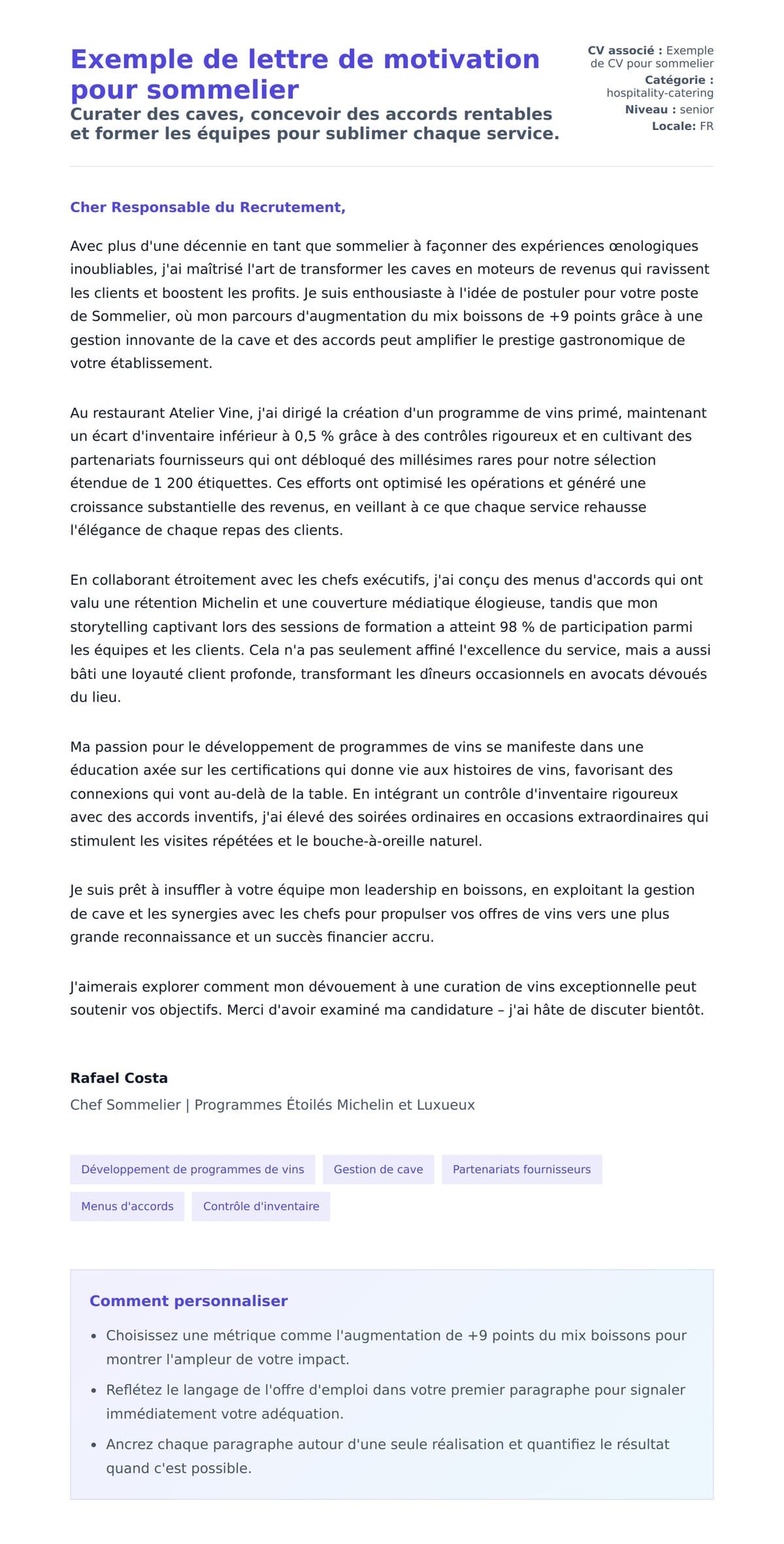 Aperçu de la lettre de motivation pour Exemple de lettre de motivation pour sommelier