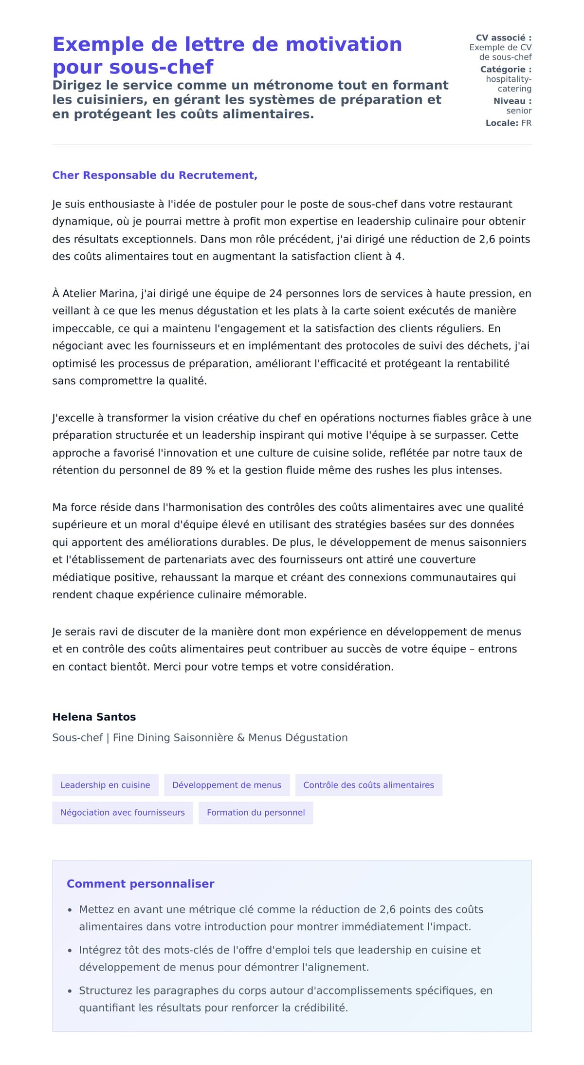 Aperçu de la lettre de motivation pour Exemple de lettre de motivation pour sous-chef
