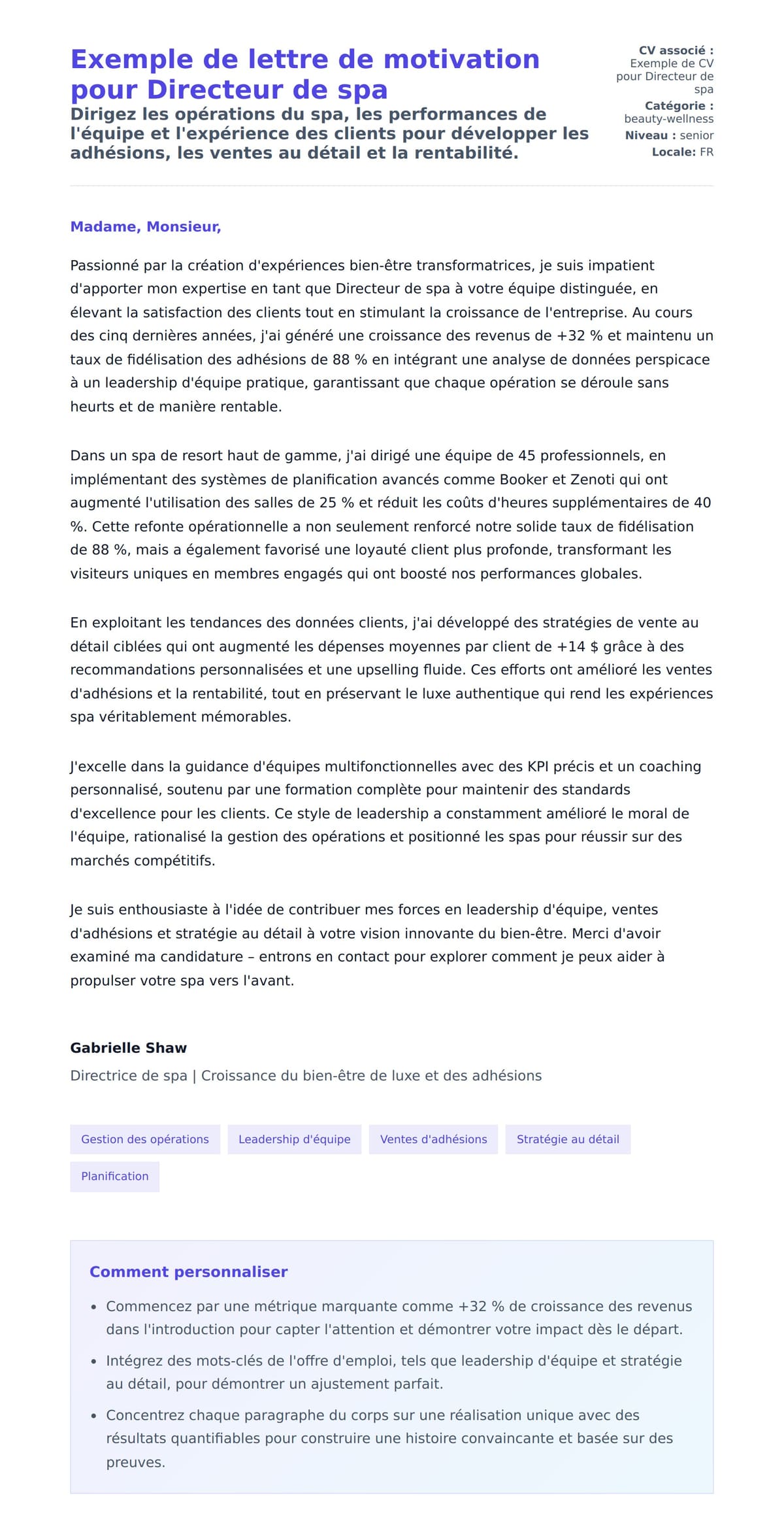 Aperçu de la lettre de motivation pour Exemple de lettre de motivation pour Directeur de spa