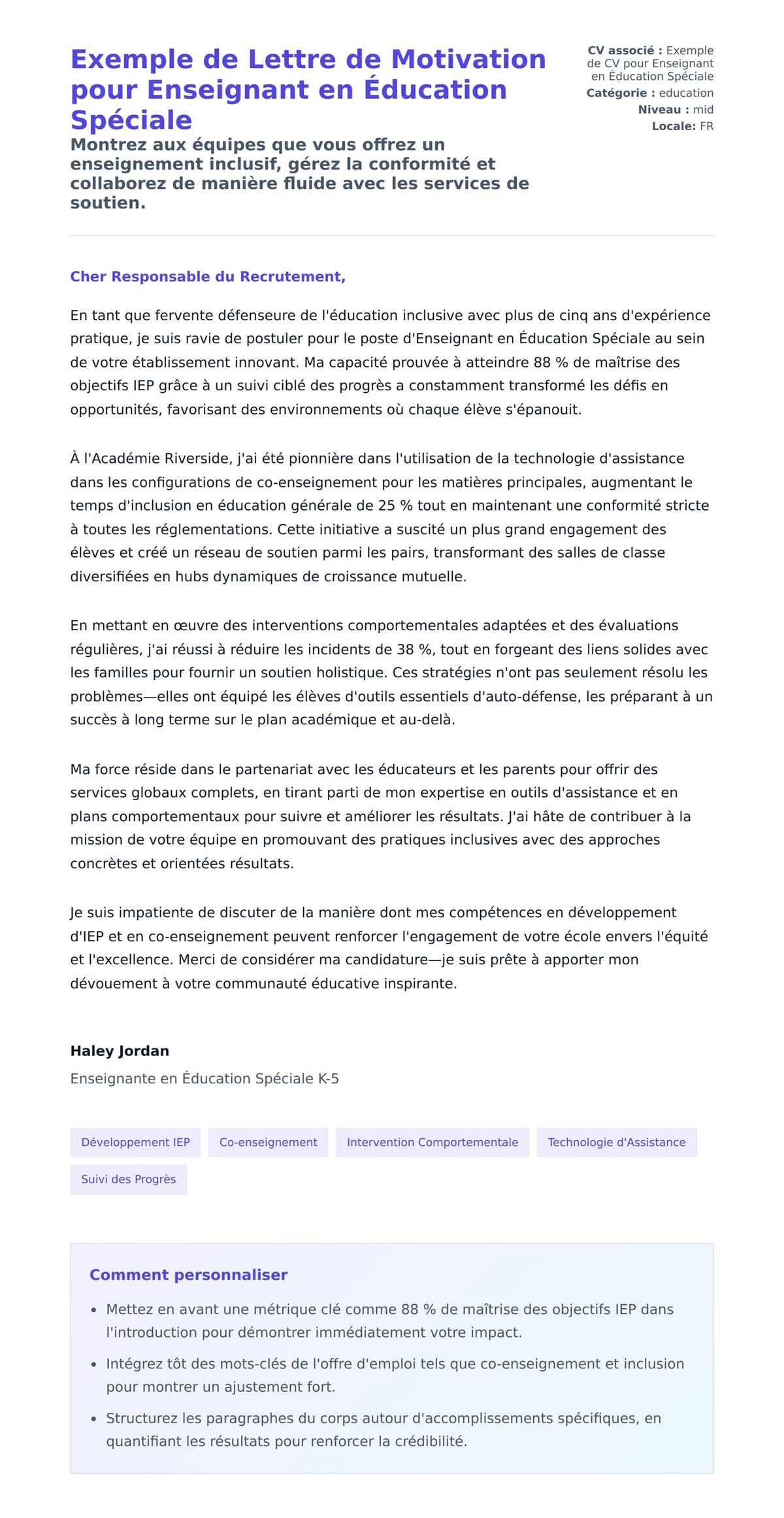 Aperçu de la lettre de motivation pour Exemple de Lettre de Motivation pour Enseignant en Éducation Spéciale