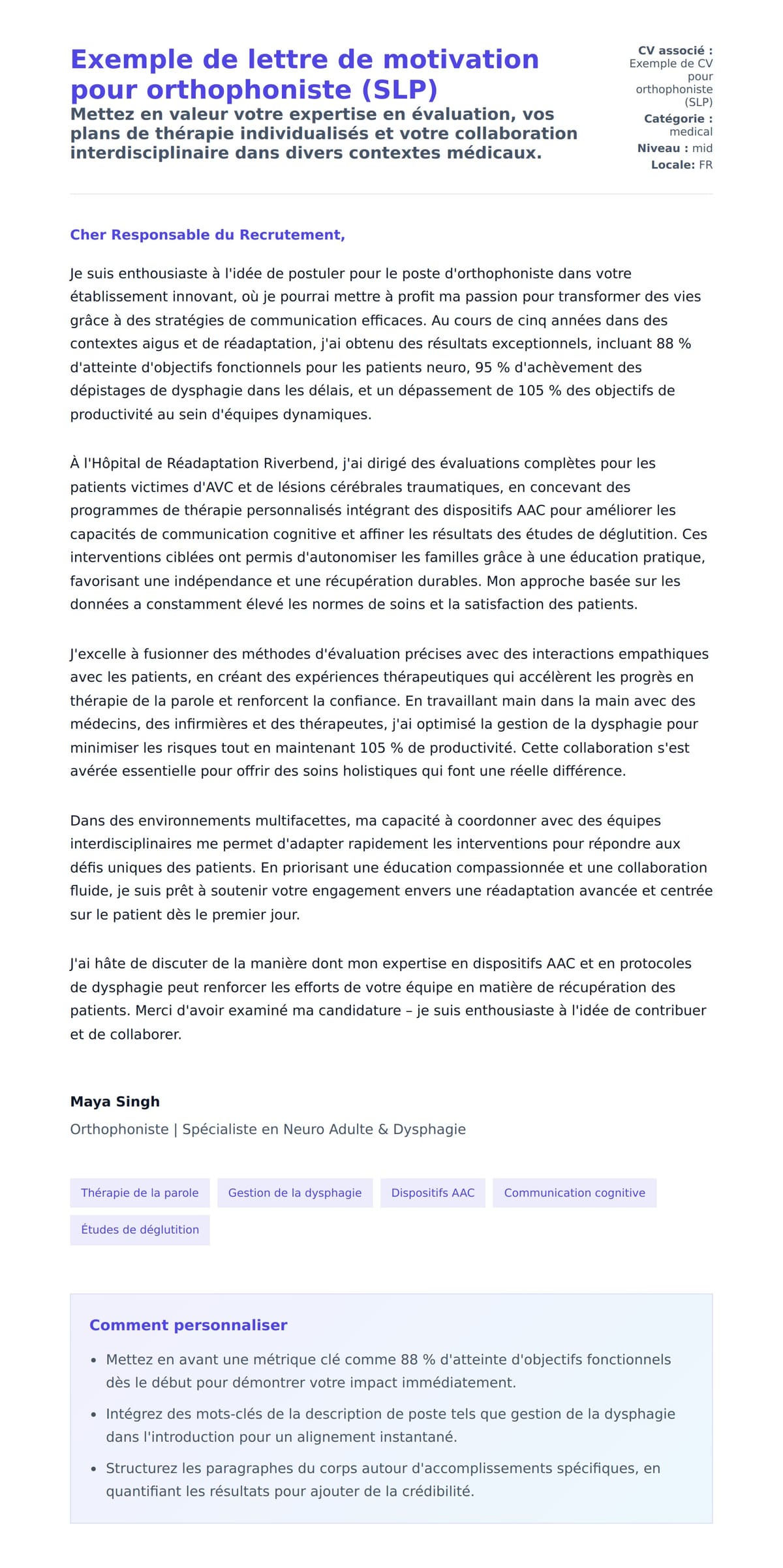 Aperçu de la lettre de motivation pour Exemple de lettre de motivation pour orthophoniste (SLP)