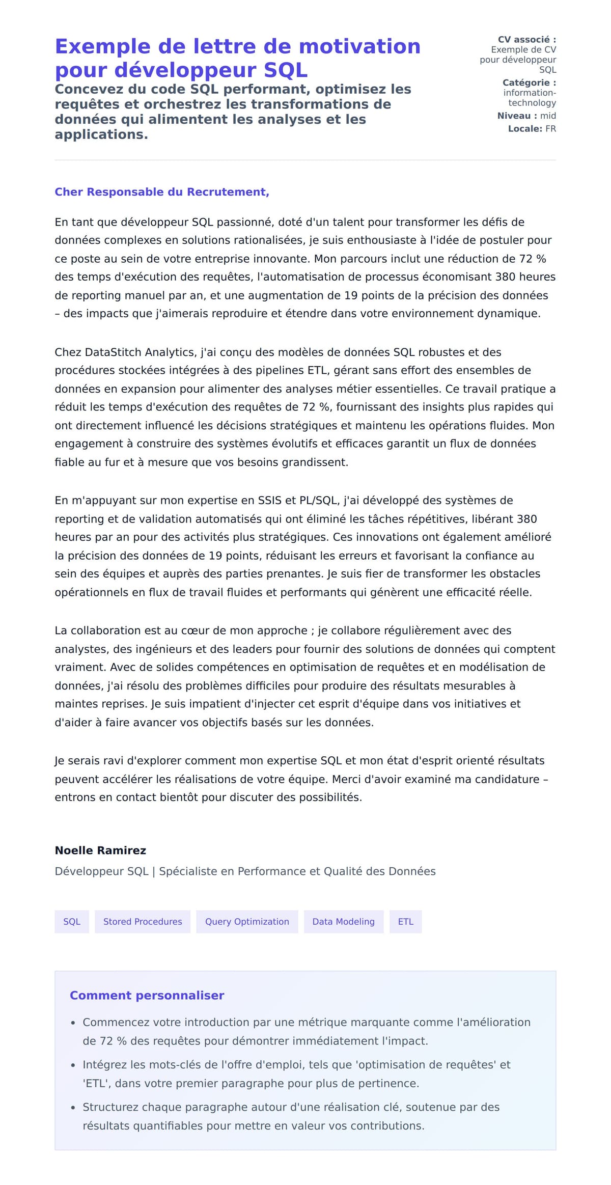 Aperçu de la lettre de motivation pour Exemple de lettre de motivation pour développeur SQL