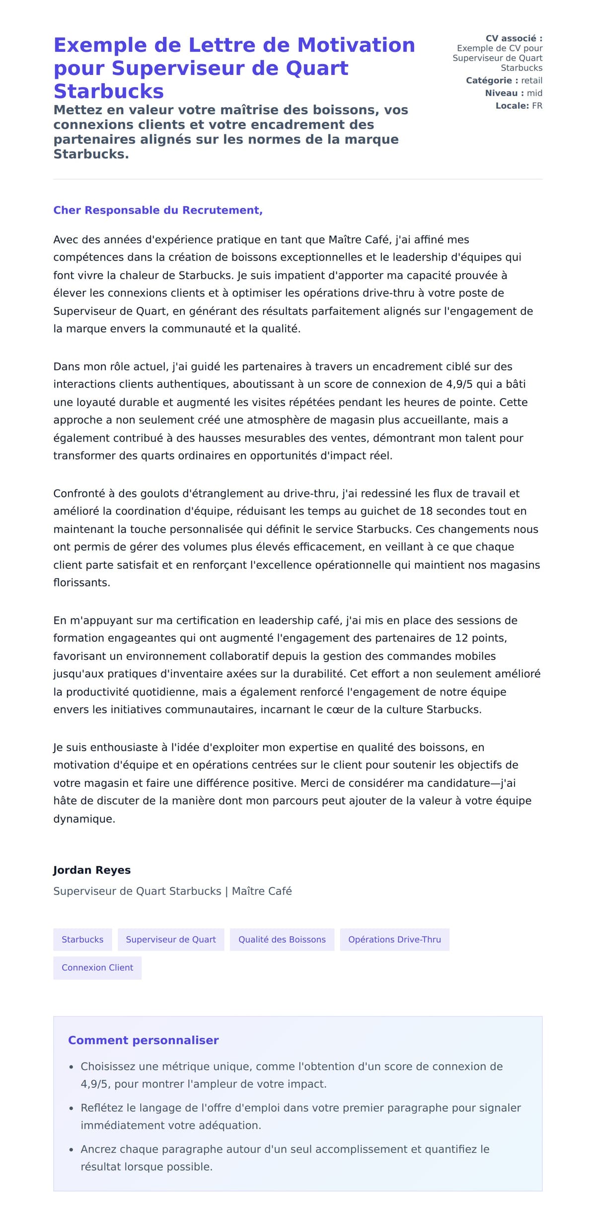 Aperçu de la lettre de motivation pour Exemple de Lettre de Motivation pour Superviseur de Quart Starbucks