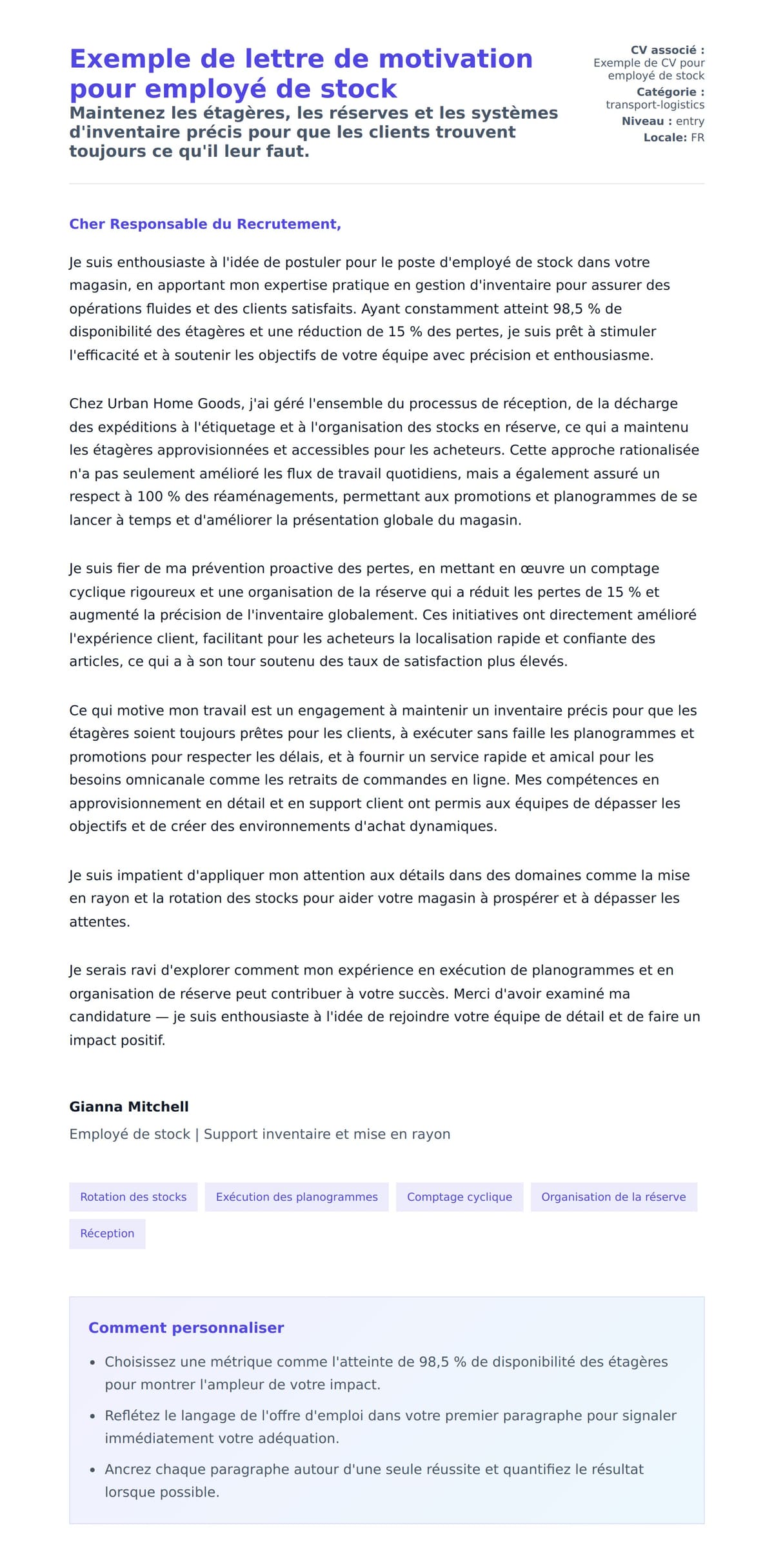 Aperçu de la lettre de motivation pour Exemple de lettre de motivation pour employé de stock