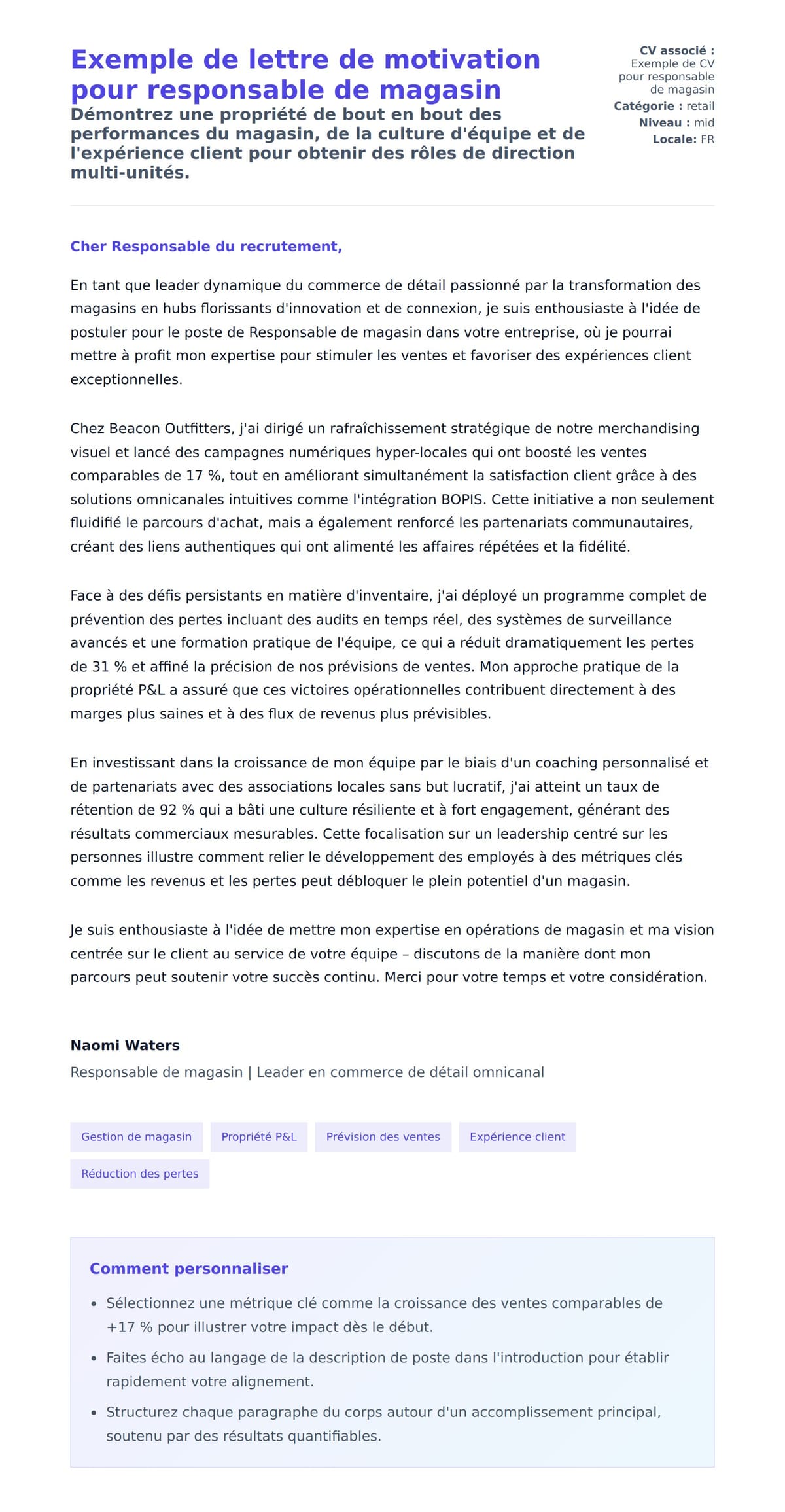Aperçu de la lettre de motivation pour Exemple de lettre de motivation pour responsable de magasin