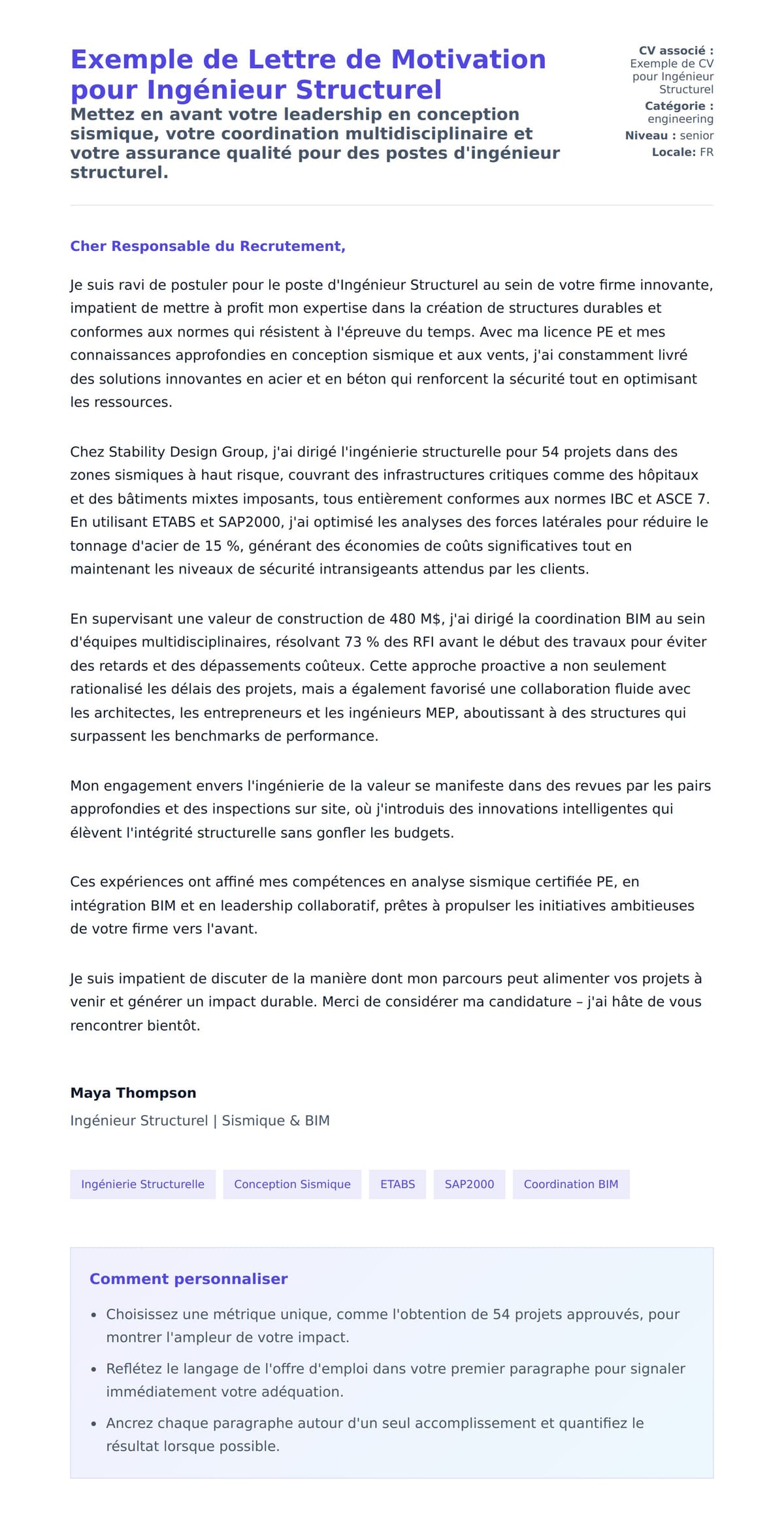 Aperçu de la lettre de motivation pour Exemple de Lettre de Motivation pour Ingénieur Structurel