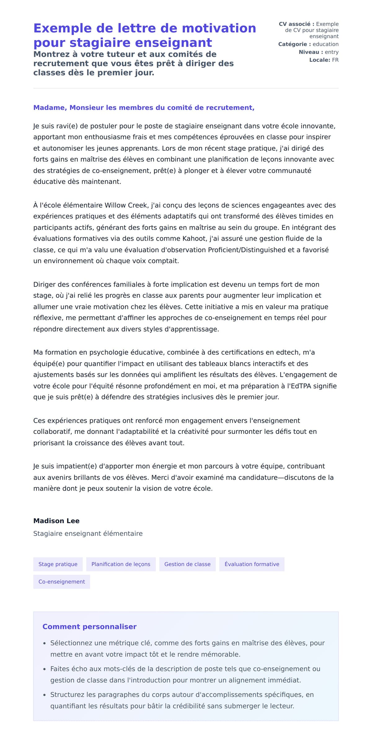 Aperçu de la lettre de motivation pour Exemple de lettre de motivation pour stagiaire enseignant