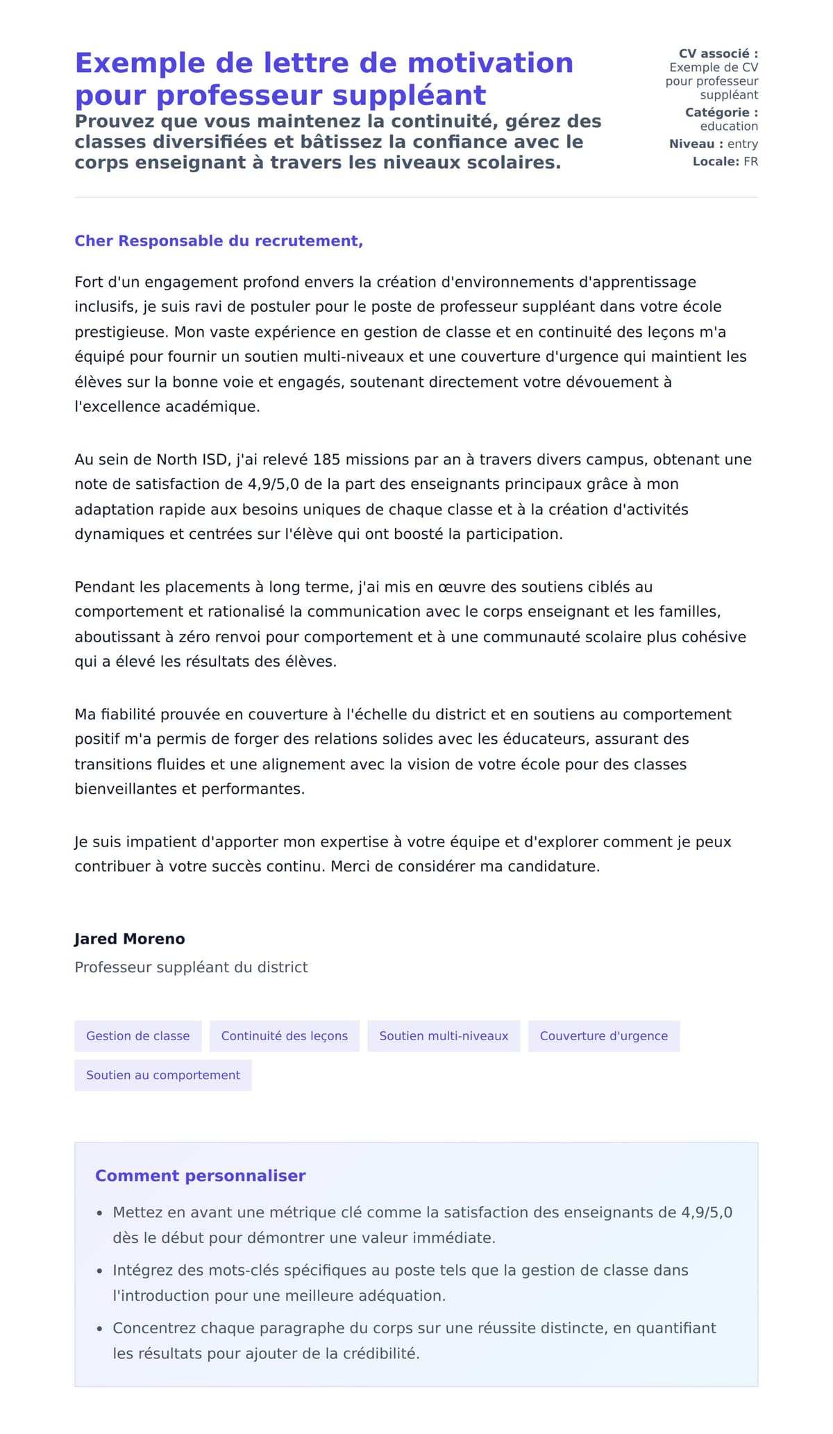 Aperçu de la lettre de motivation pour Exemple de lettre de motivation pour professeur suppléant