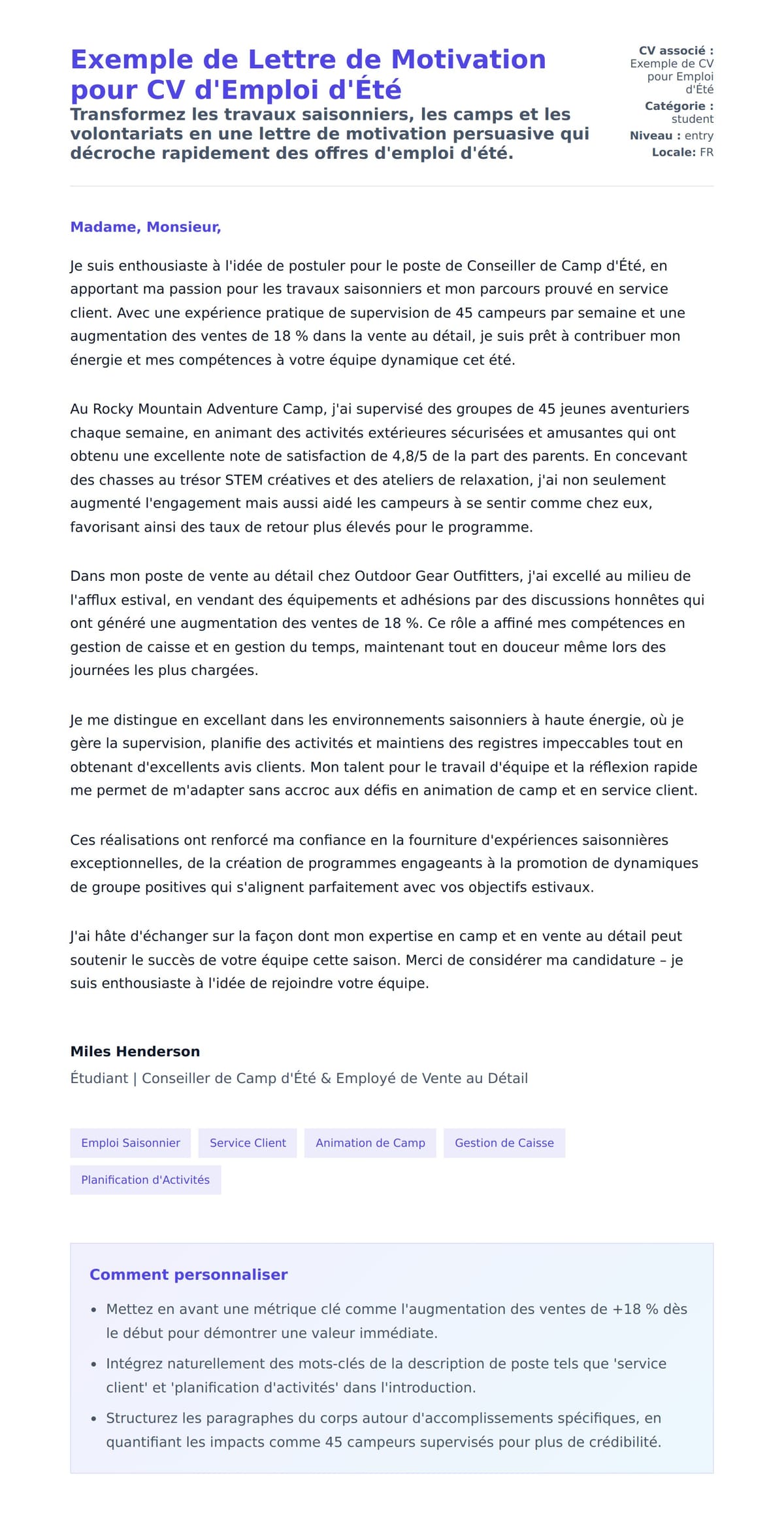 Aperçu de la lettre de motivation pour Exemple de Lettre de Motivation pour CV d'Emploi d'Été