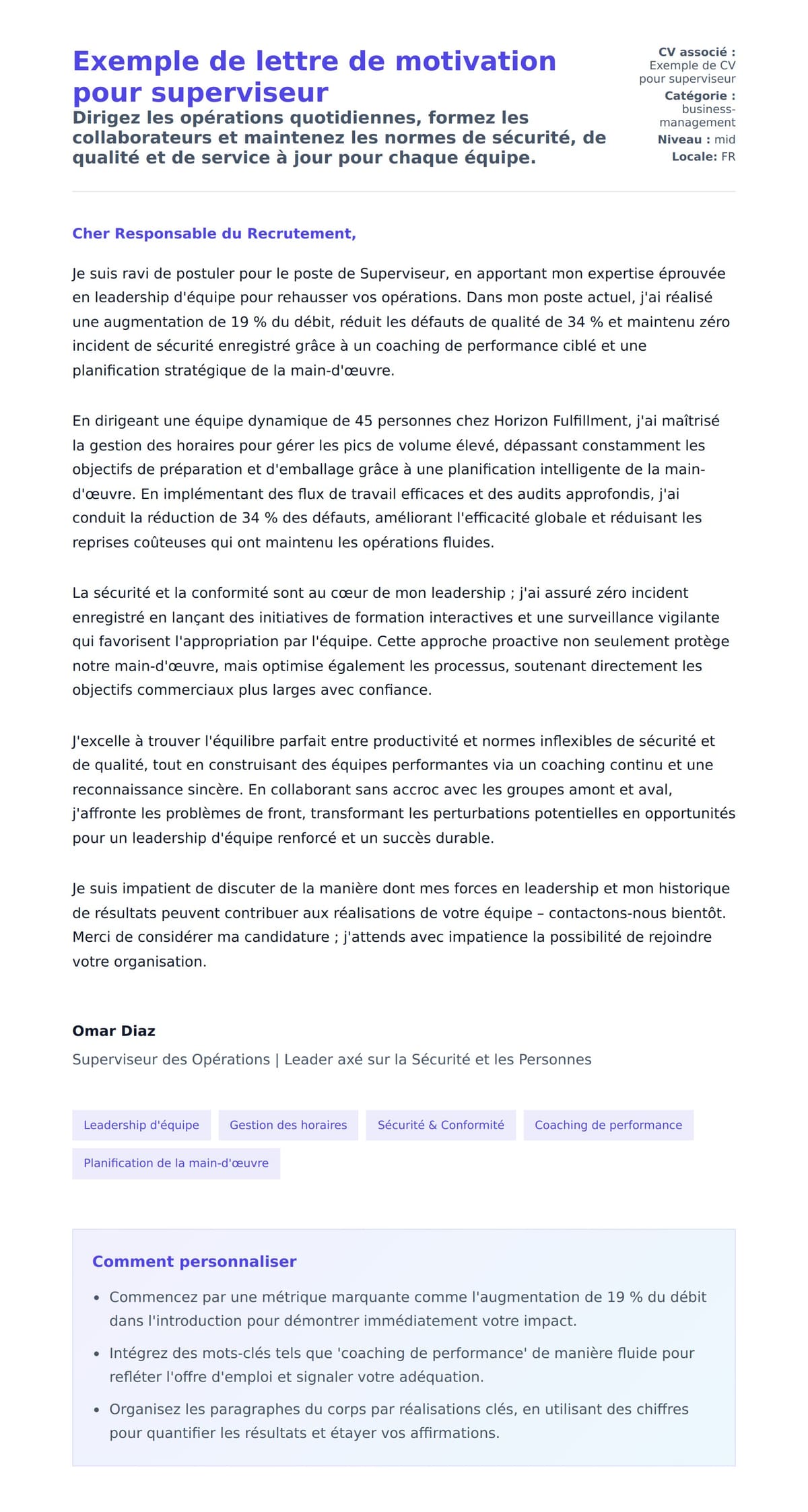 Aperçu de la lettre de motivation pour Exemple de lettre de motivation pour superviseur