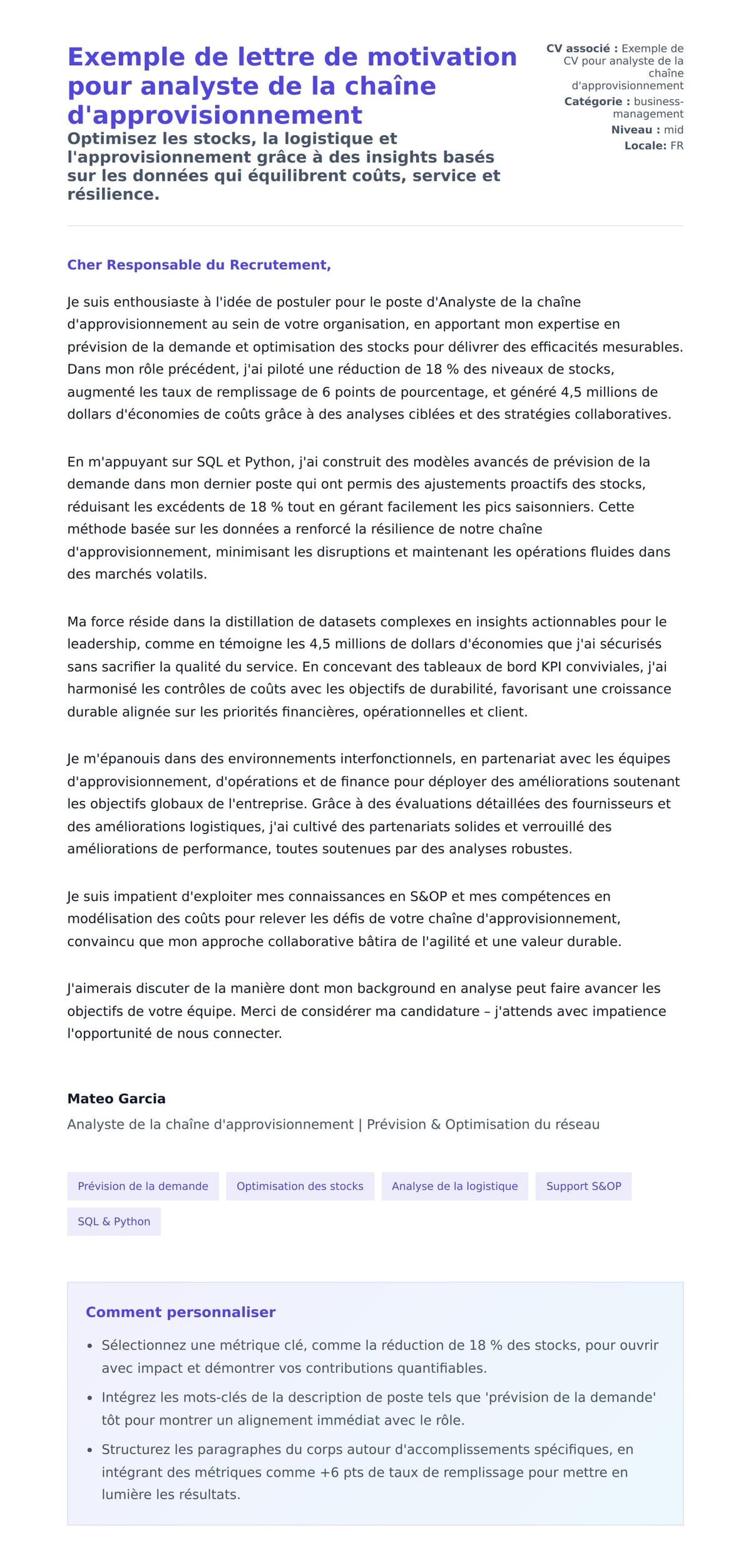 Aperçu de la lettre de motivation pour Exemple de lettre de motivation pour analyste de la chaîne d'approvisionnement