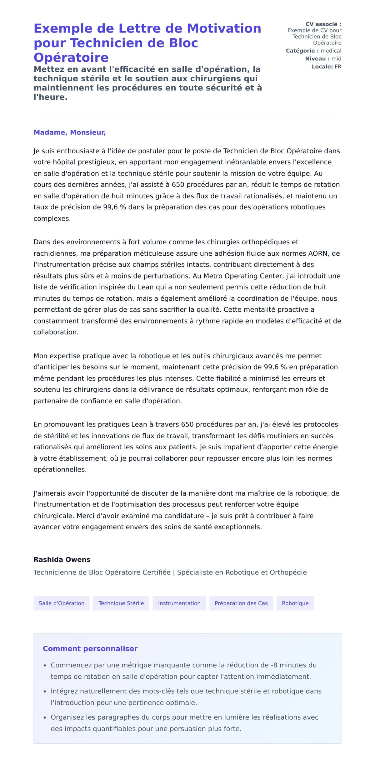 Aperçu de la lettre de motivation pour Exemple de Lettre de Motivation pour Technicien de Bloc Opératoire