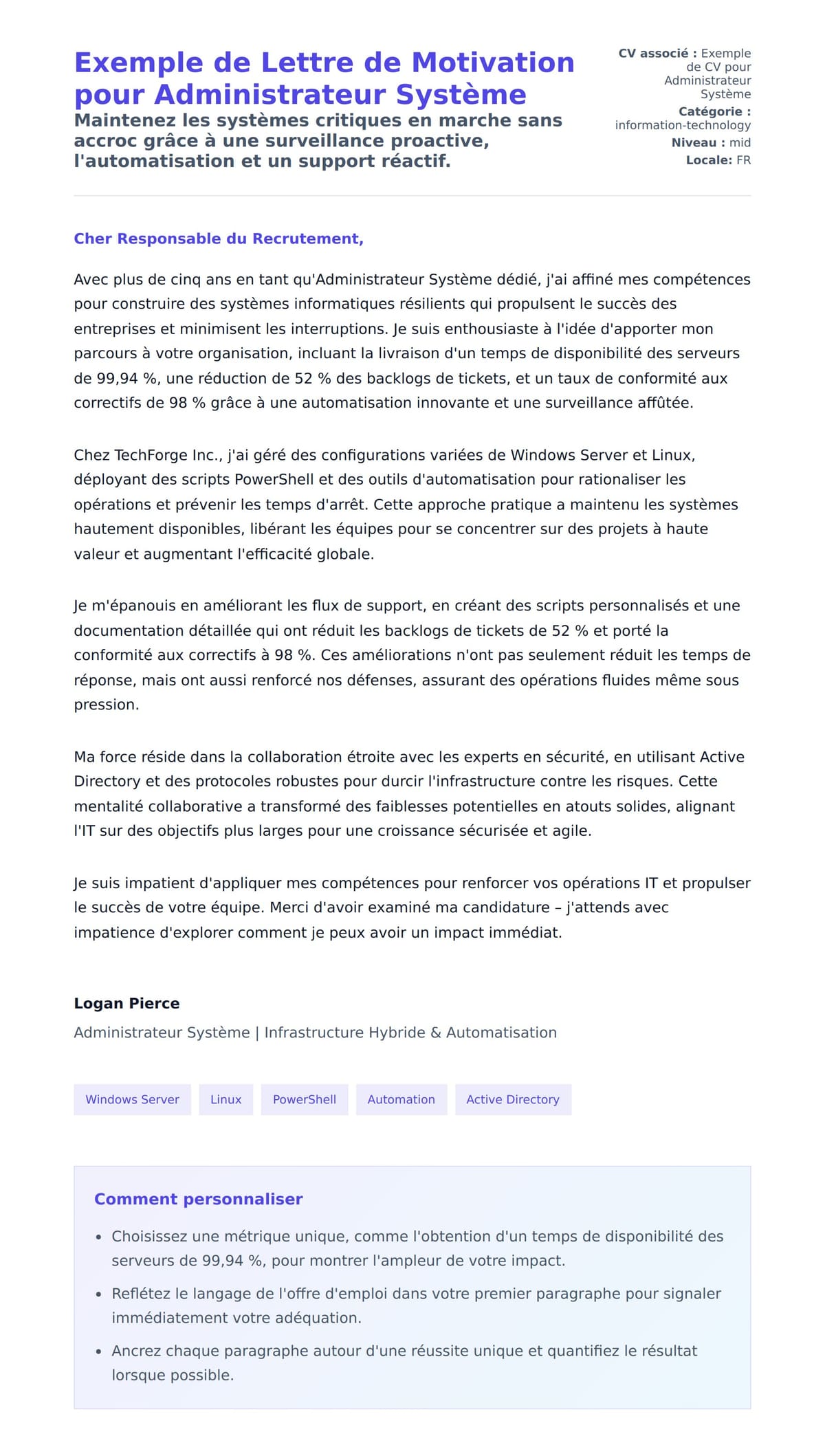 Aperçu de la lettre de motivation pour Exemple de Lettre de Motivation pour Administrateur Système