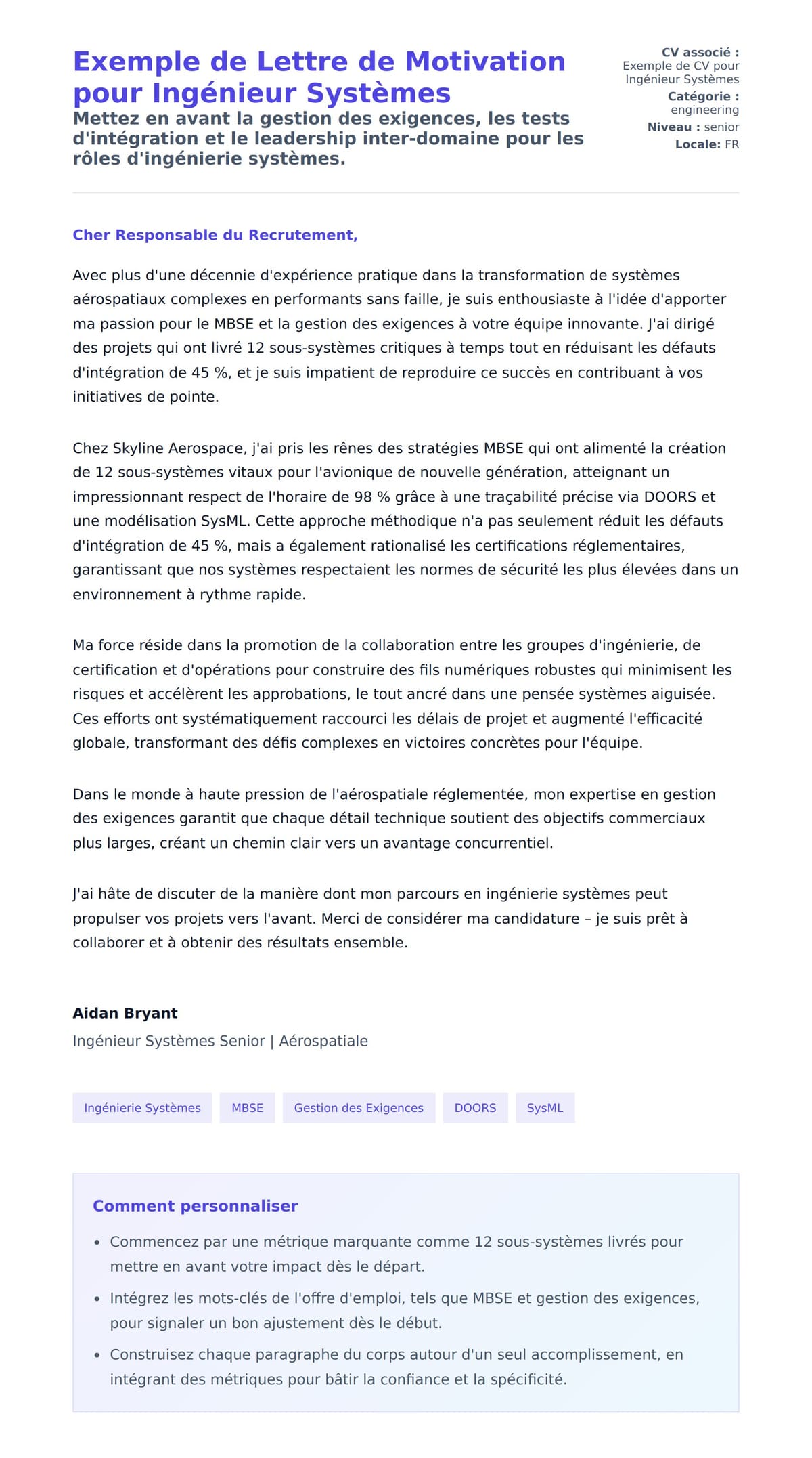Aperçu de la lettre de motivation pour Exemple de Lettre de Motivation pour Ingénieur Systèmes