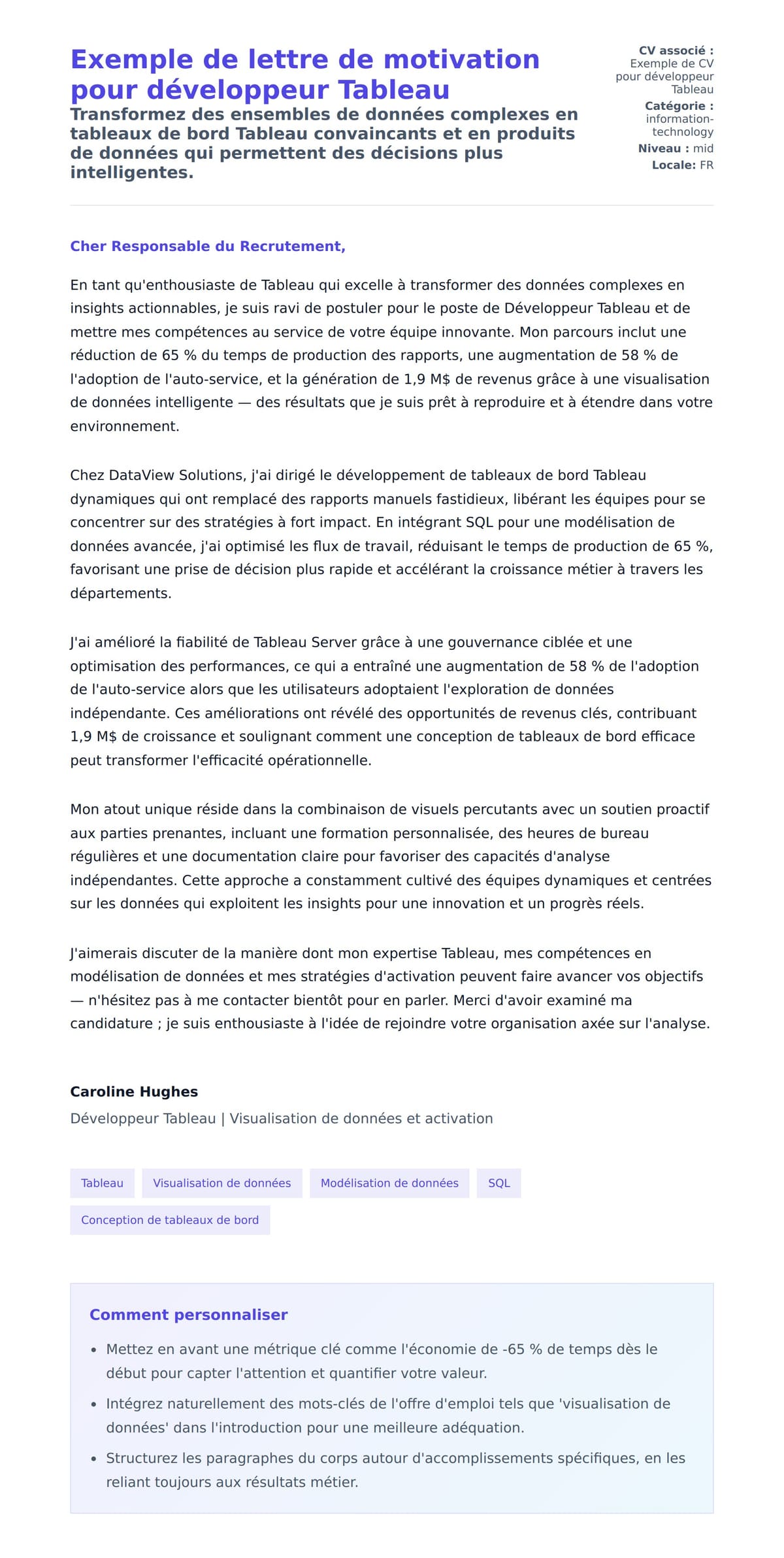 Aperçu de la lettre de motivation pour Exemple de lettre de motivation pour développeur Tableau