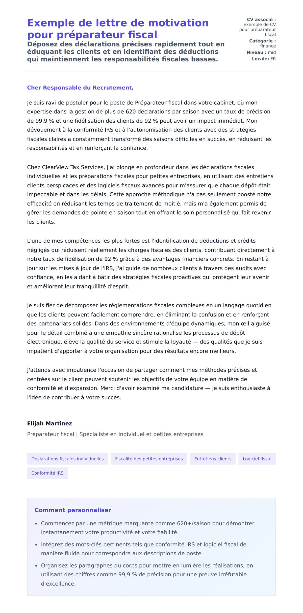 Aperçu de la lettre de motivation pour Exemple de lettre de motivation pour préparateur fiscal