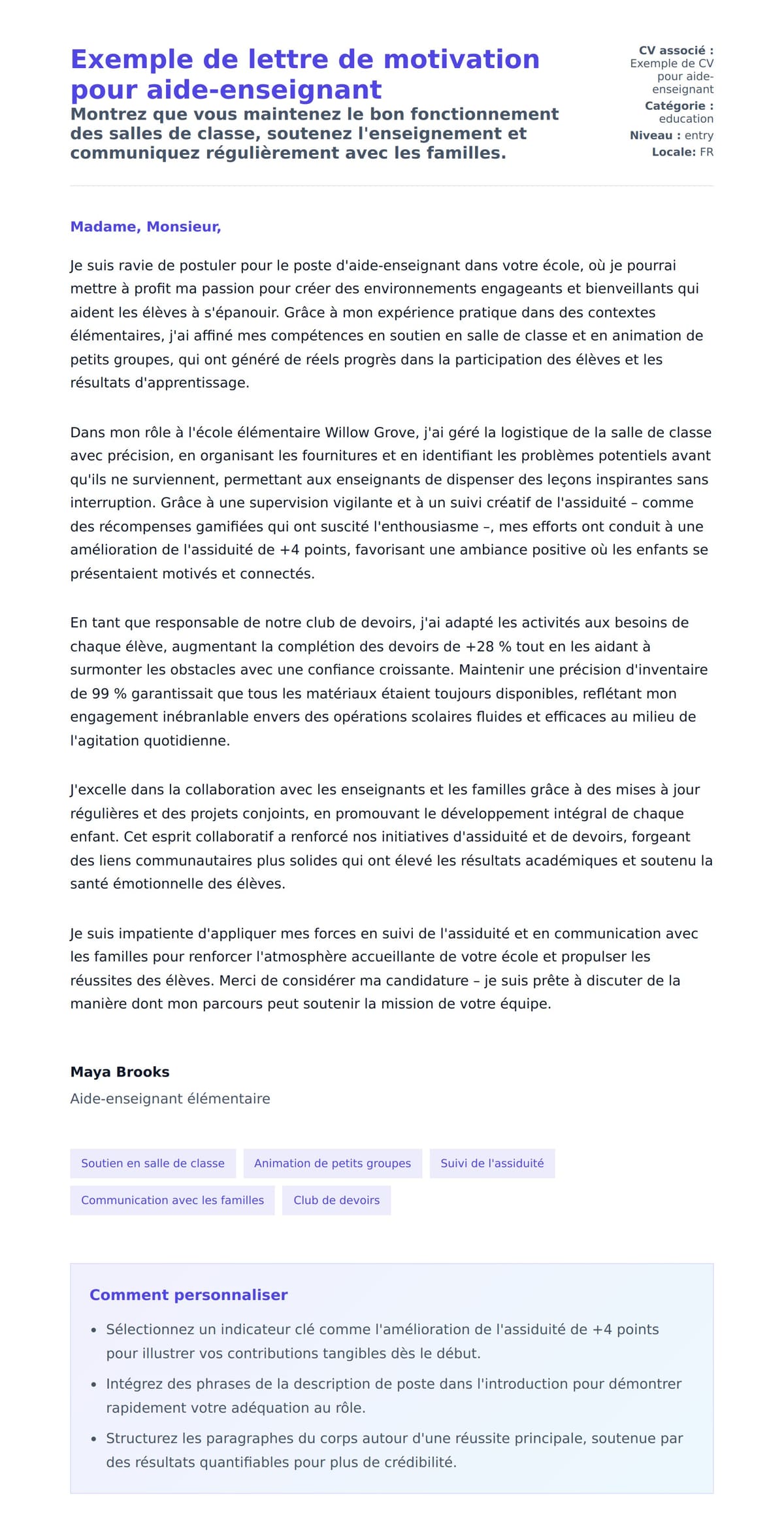 Aperçu de la lettre de motivation pour Exemple de lettre de motivation pour aide-enseignant