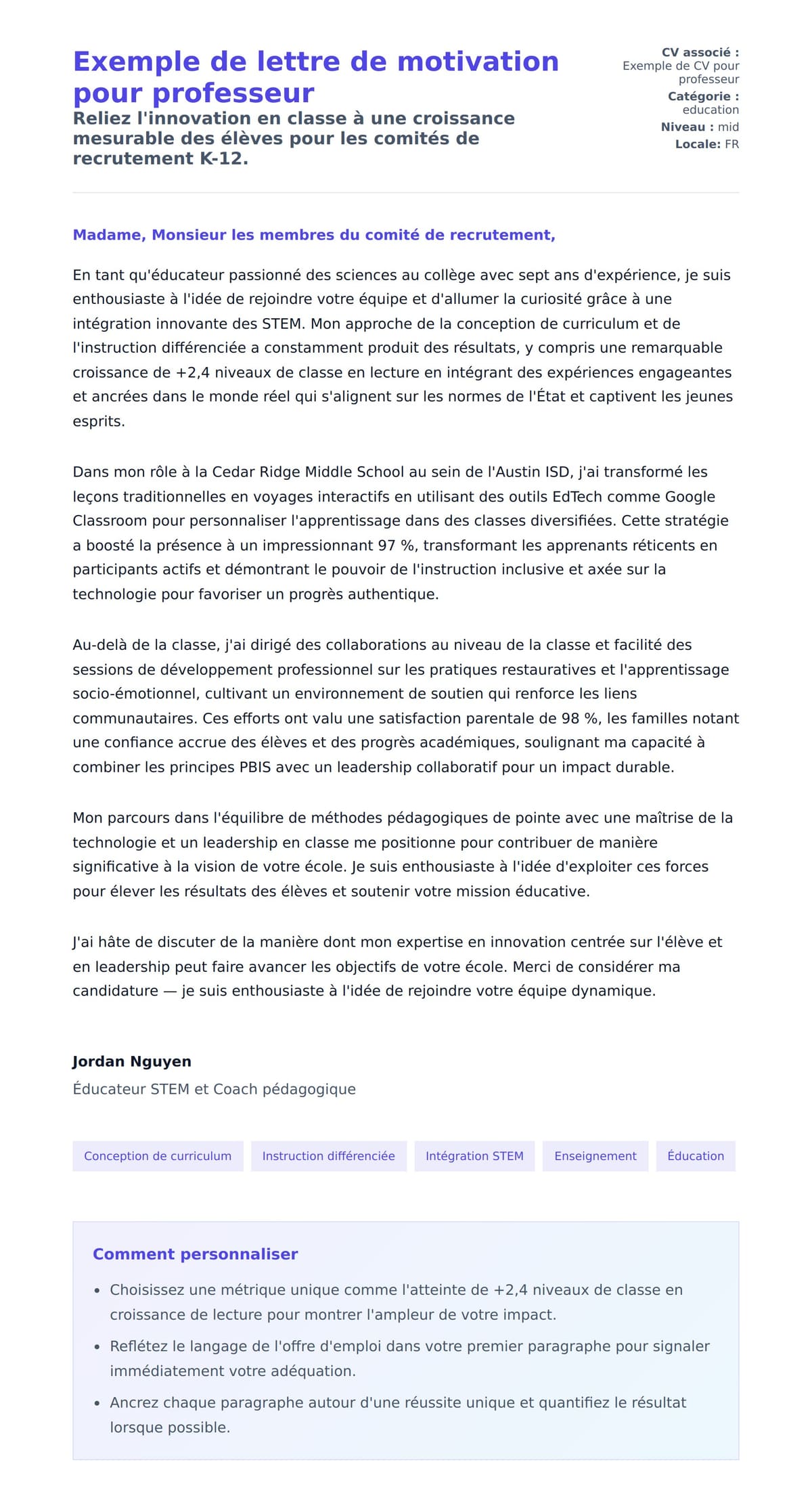 Aperçu de la lettre de motivation pour Exemple de lettre de motivation pour professeur