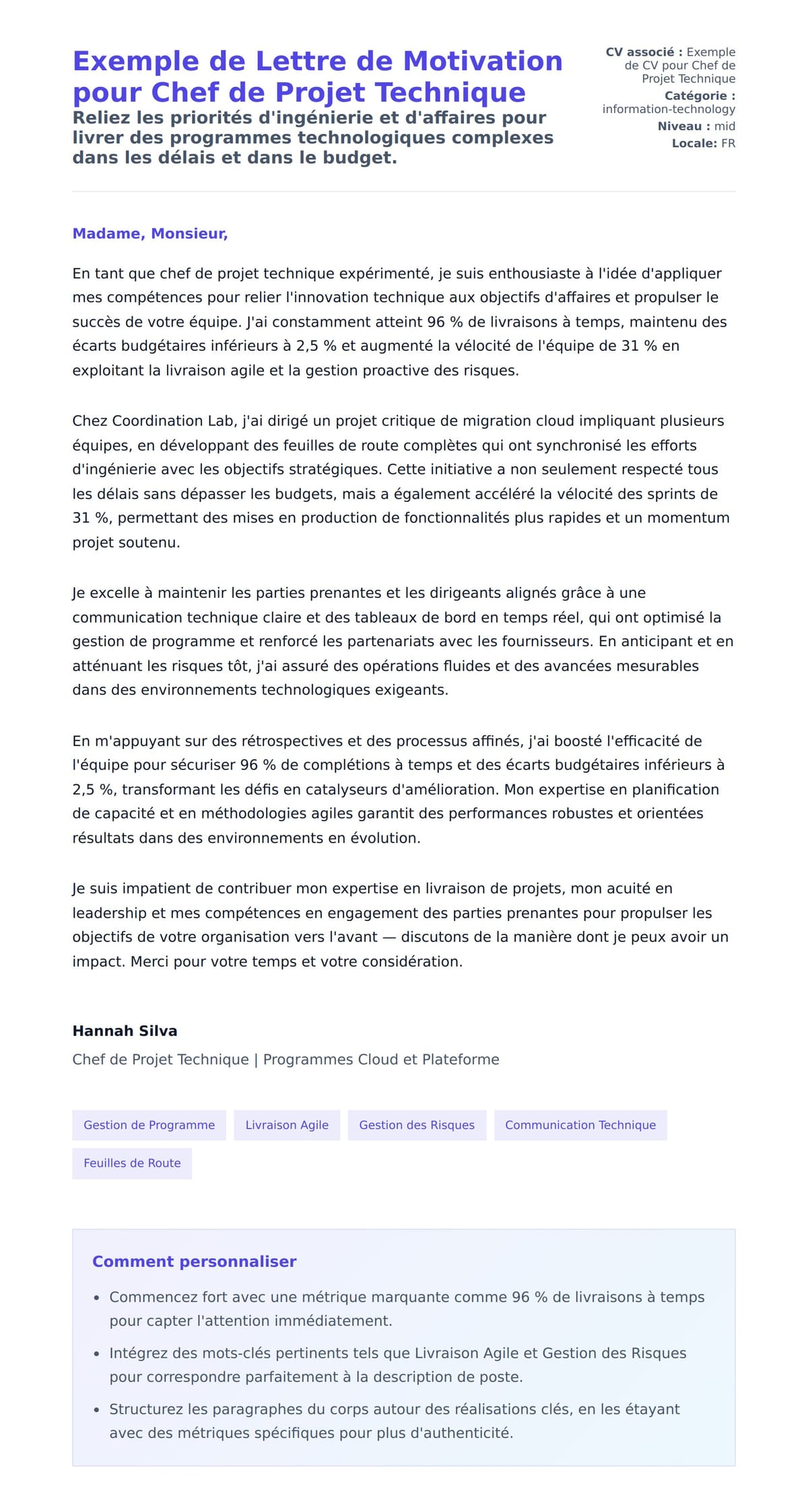 Aperçu de la lettre de motivation pour Exemple de Lettre de Motivation pour Chef de Projet Technique