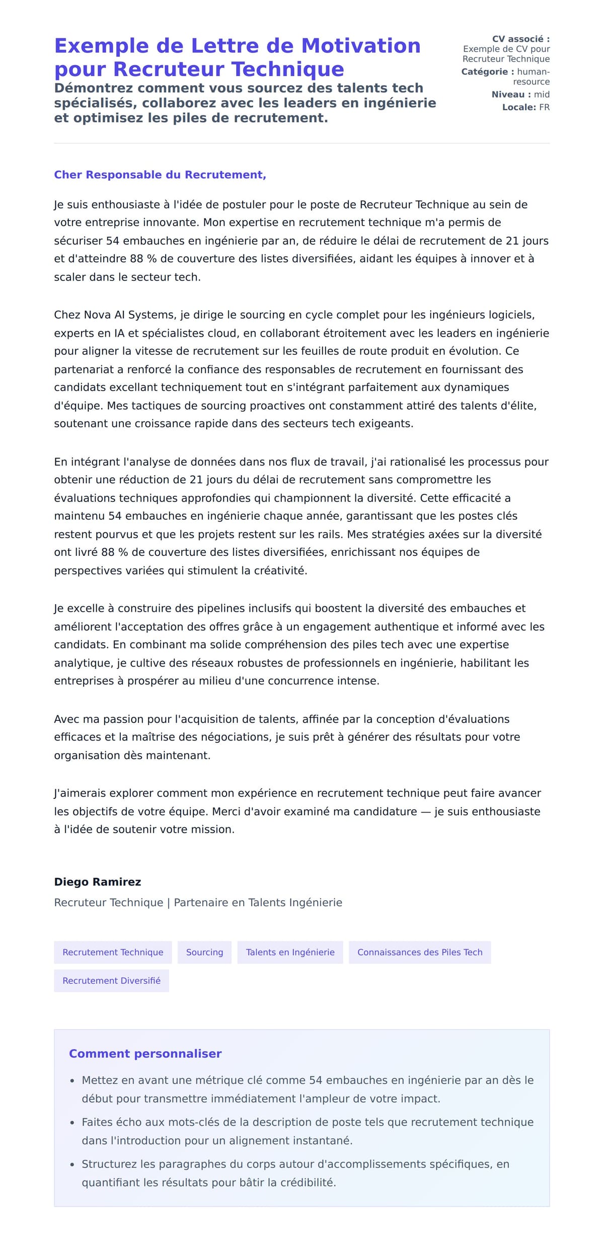 Aperçu de la lettre de motivation pour Exemple de Lettre de Motivation pour Recruteur Technique