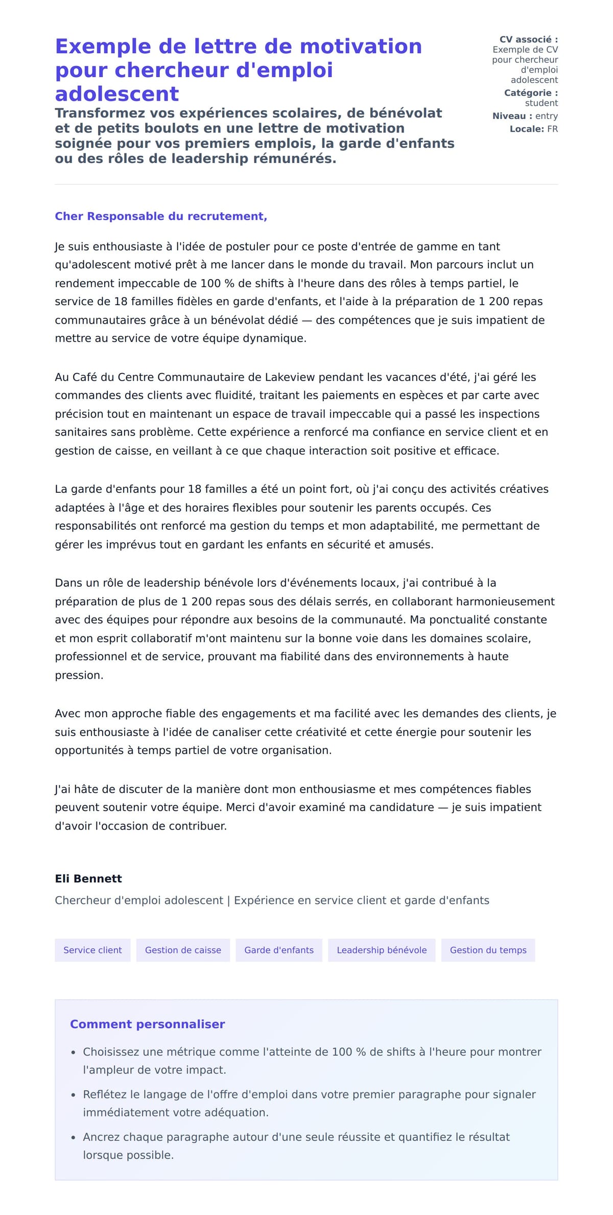 Aperçu de la lettre de motivation pour Exemple de lettre de motivation pour chercheur d'emploi adolescent