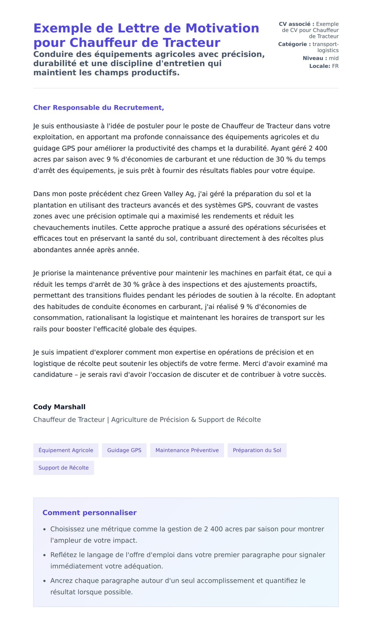 Aperçu de la lettre de motivation pour Exemple de Lettre de Motivation pour Chauffeur de Tracteur